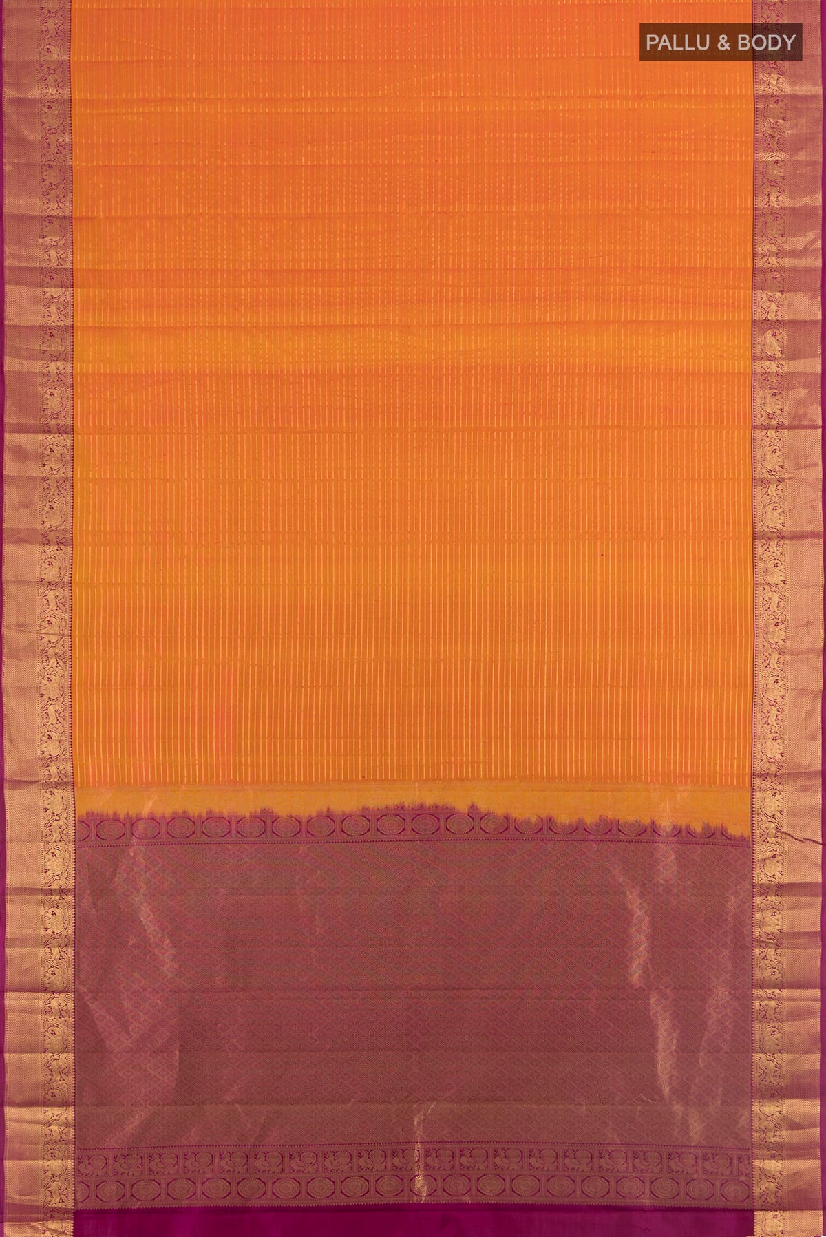 Flat view of Mustard Kanjivaram Silk Saree with Stripes on the body and Zari Border. 