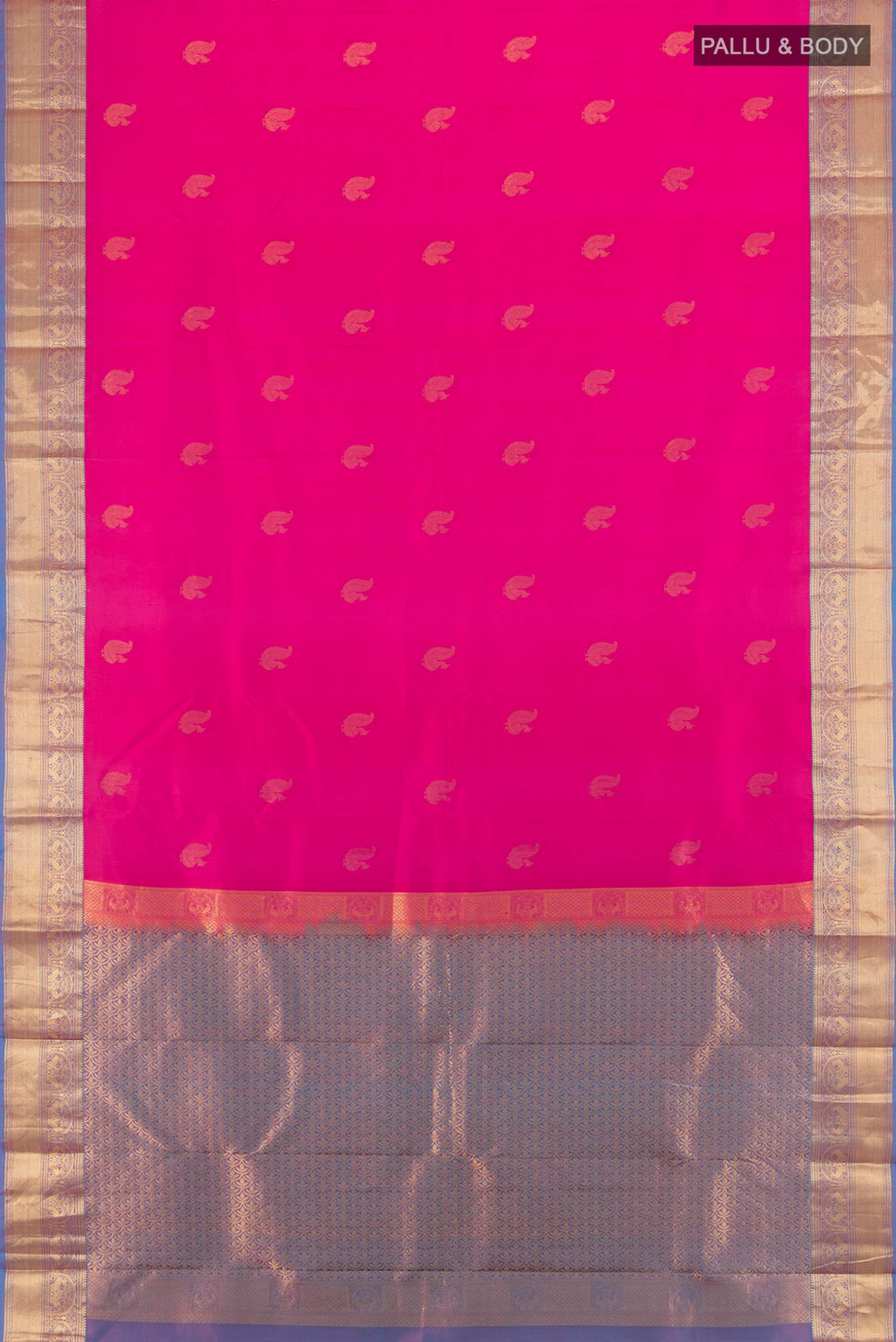 Flat view of Pink Kanchipuram Silk Saree with Zari Butta on the body and Zari Border. 