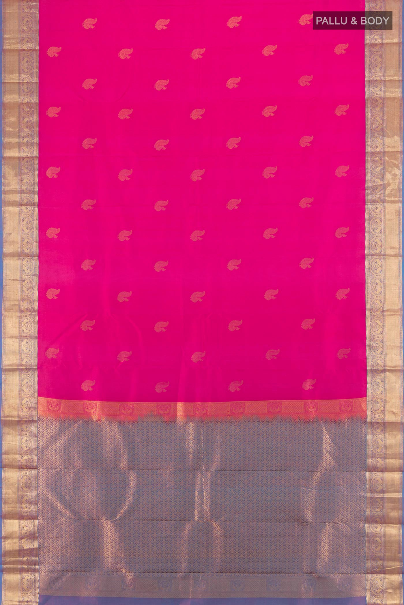 Flat view of Pink Kanchipuram Silk Saree with Zari Butta on the body and Zari Border. 