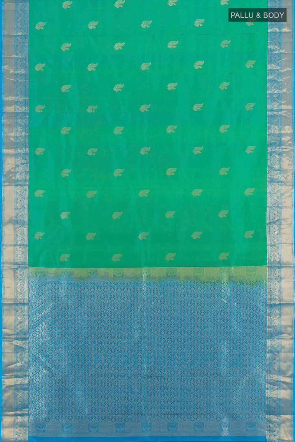 Flat view of Green Dual Tone Kanchipuram Silk Saree with Zari Butta on the body and Zari Border. 