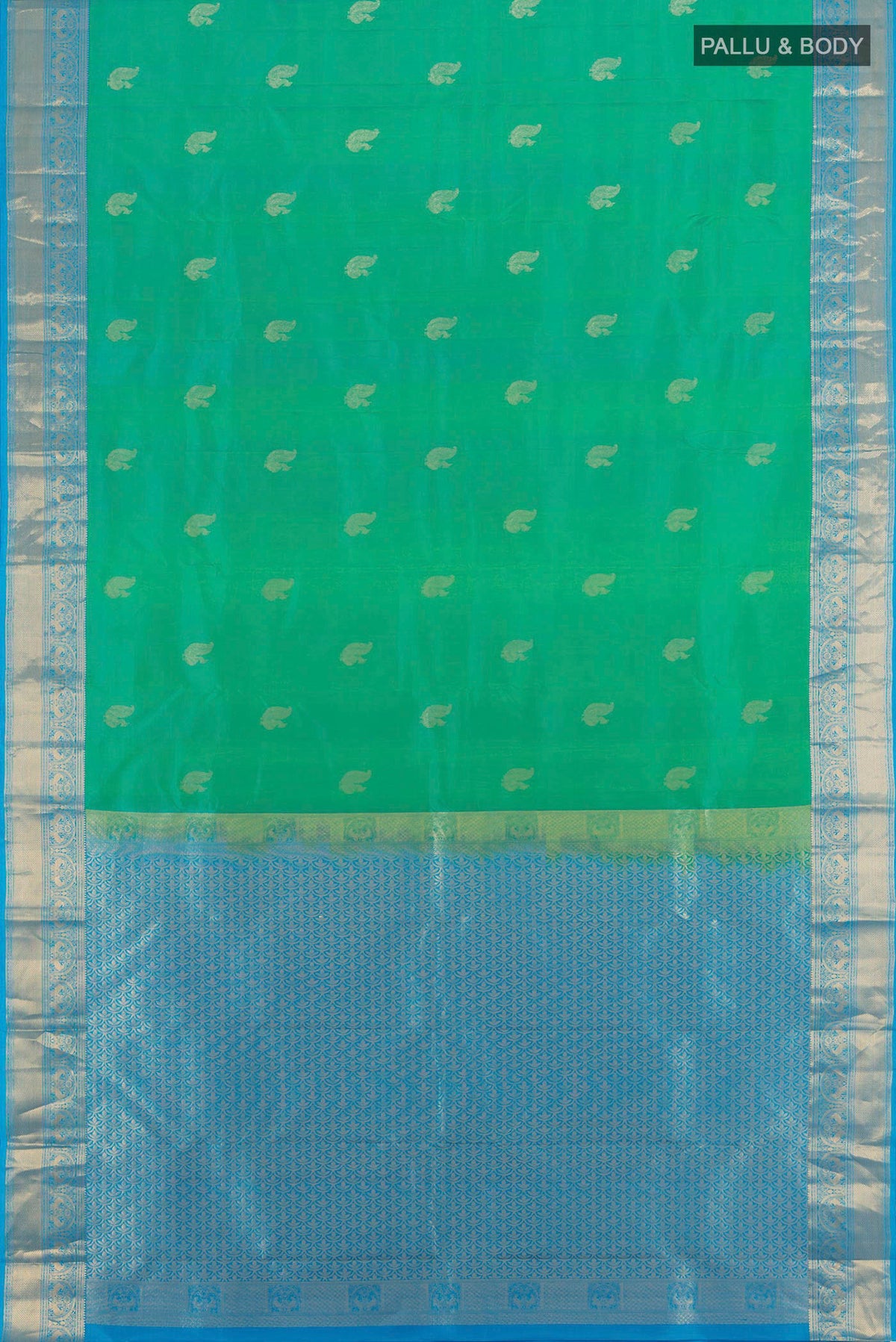 Flat view of Green Dual Tone Kanchipuram Silk Saree with Zari Butta on the body and Zari Border. 