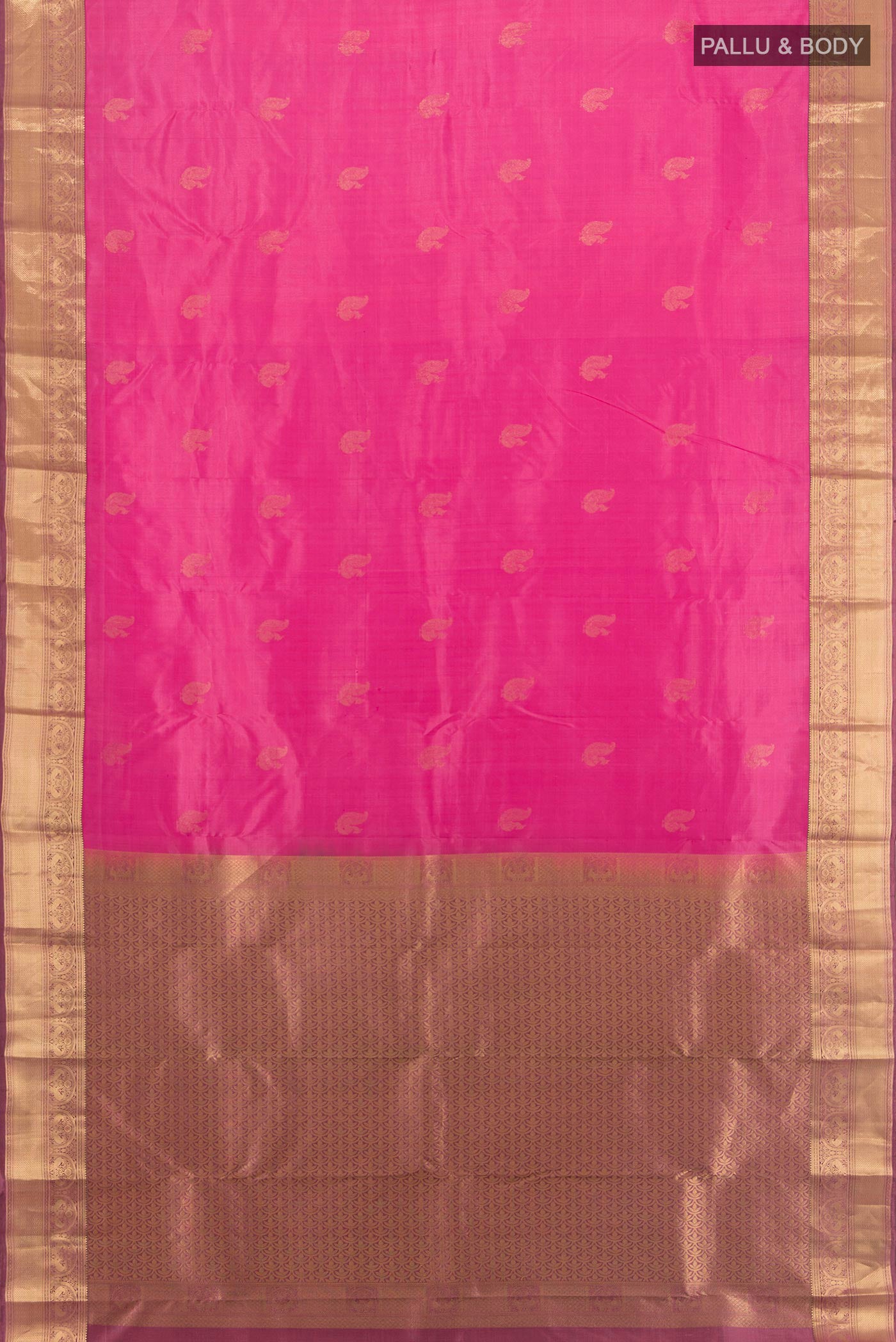 Flat view of Rose pink Kanchipuram Silk Saree with Zari Butta on the body and Zari Border. 
