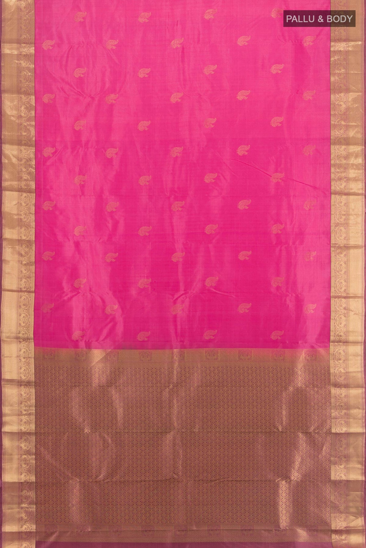 Flat view of Rose pink Kanchipuram Silk Saree with Zari Butta on the body and Zari Border. 