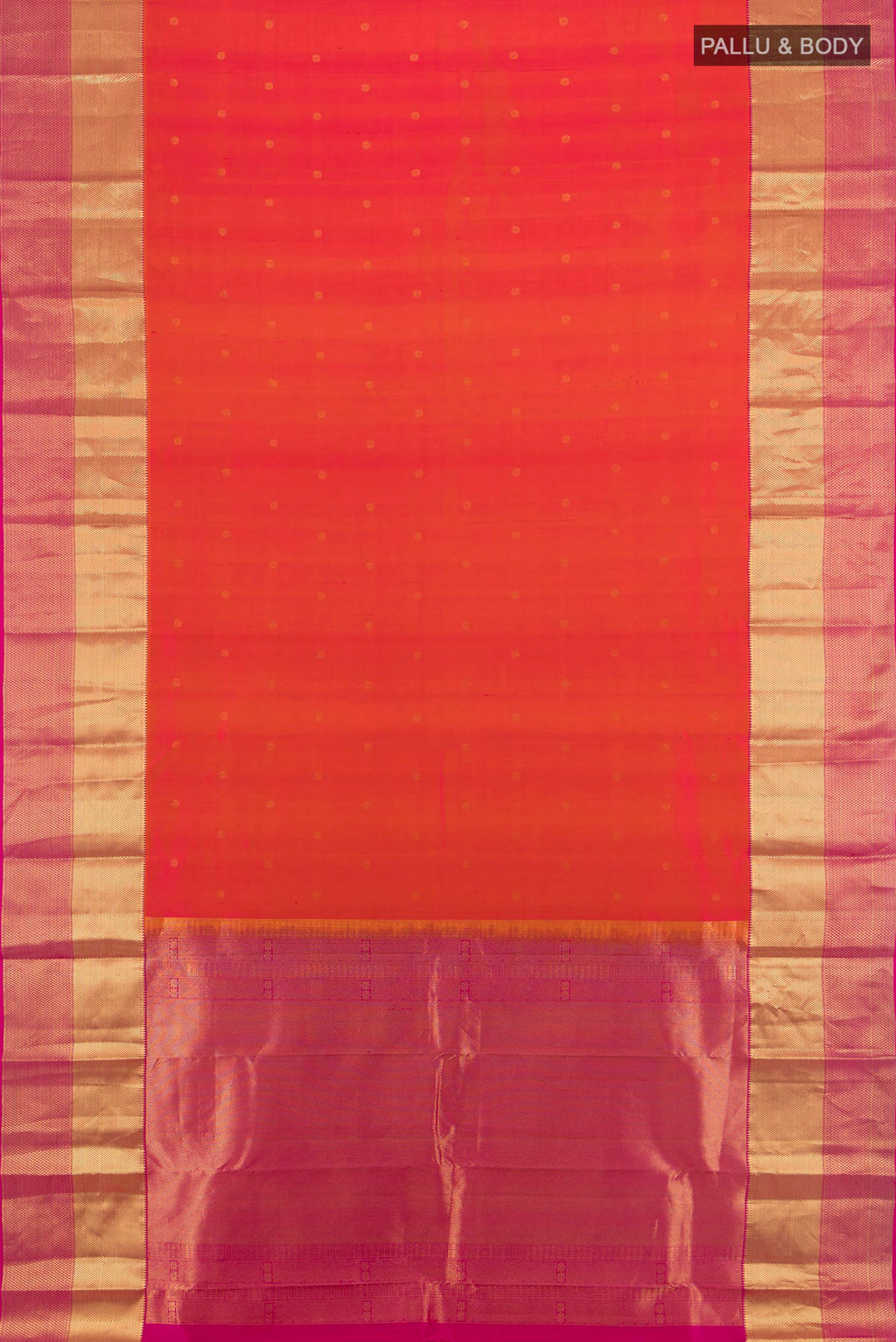 Flat view of Pure Silk Brick Orange Kanchipuram Saree with Zari Butta on the body and Zari Border. 