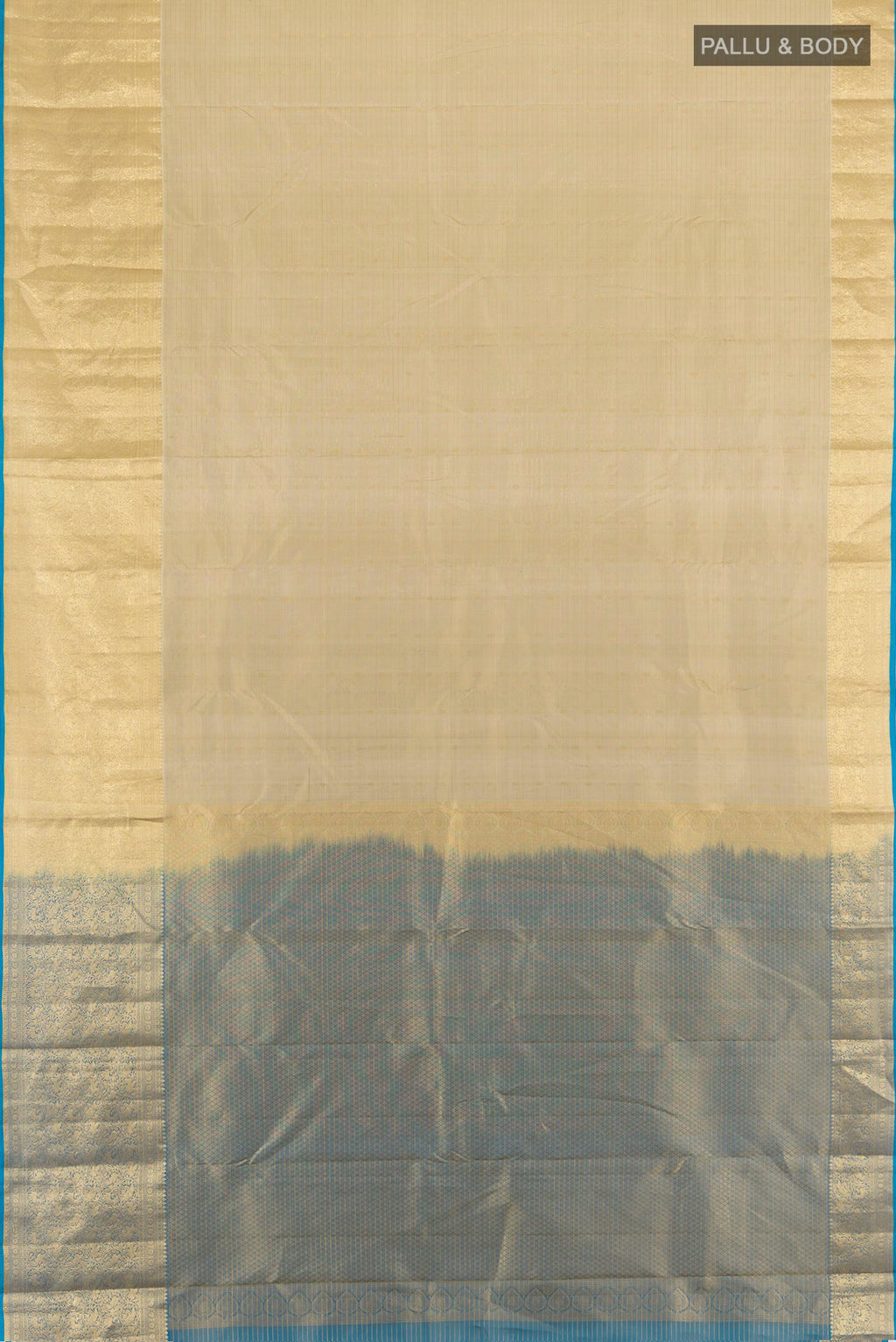 Flat view of Beige Kanjivaram Silk Saree with Zari Butta on the body and Zari Border. 