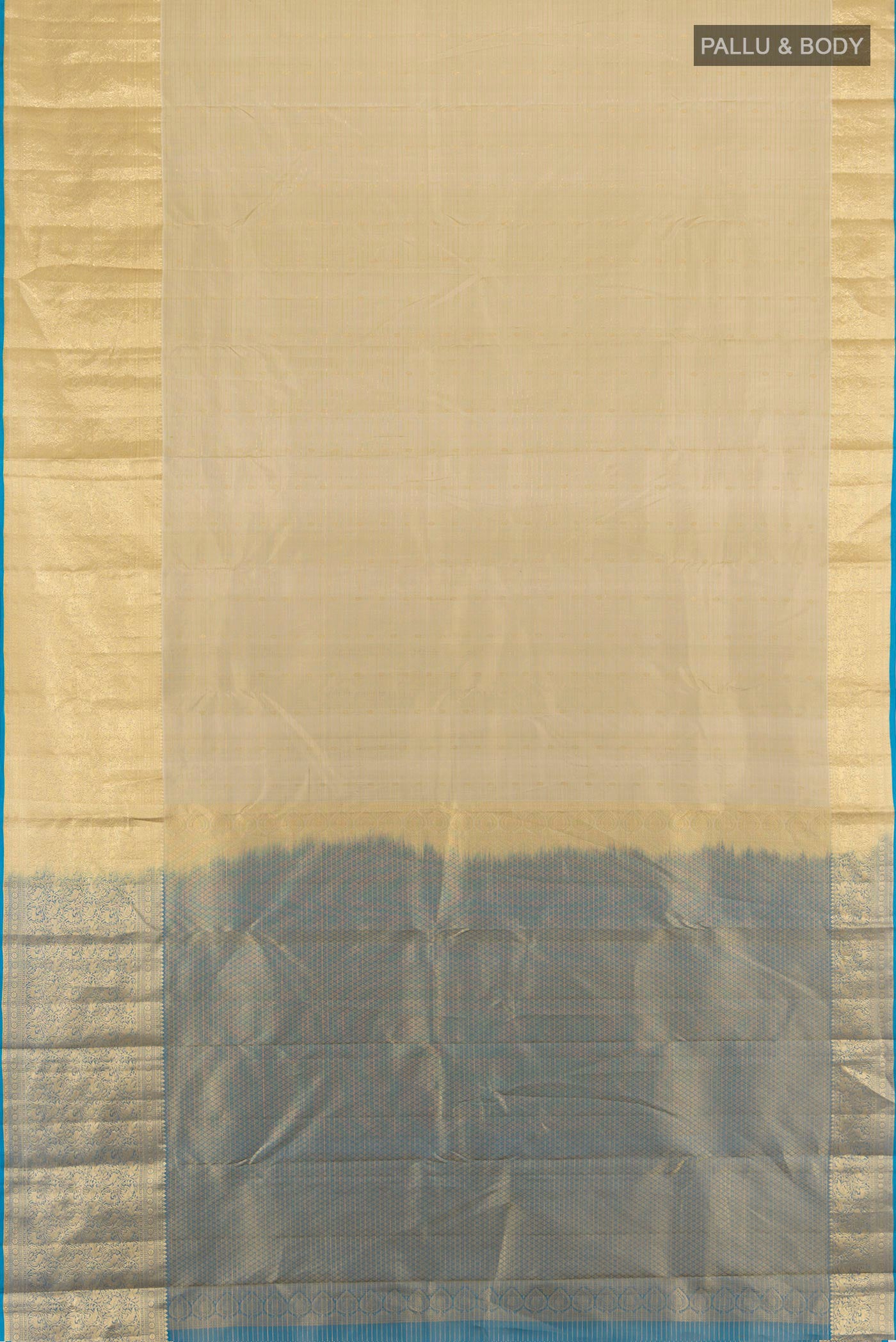Flat view of Beige Kanjivaram Silk Saree with Zari Butta on the body and Zari Border. 