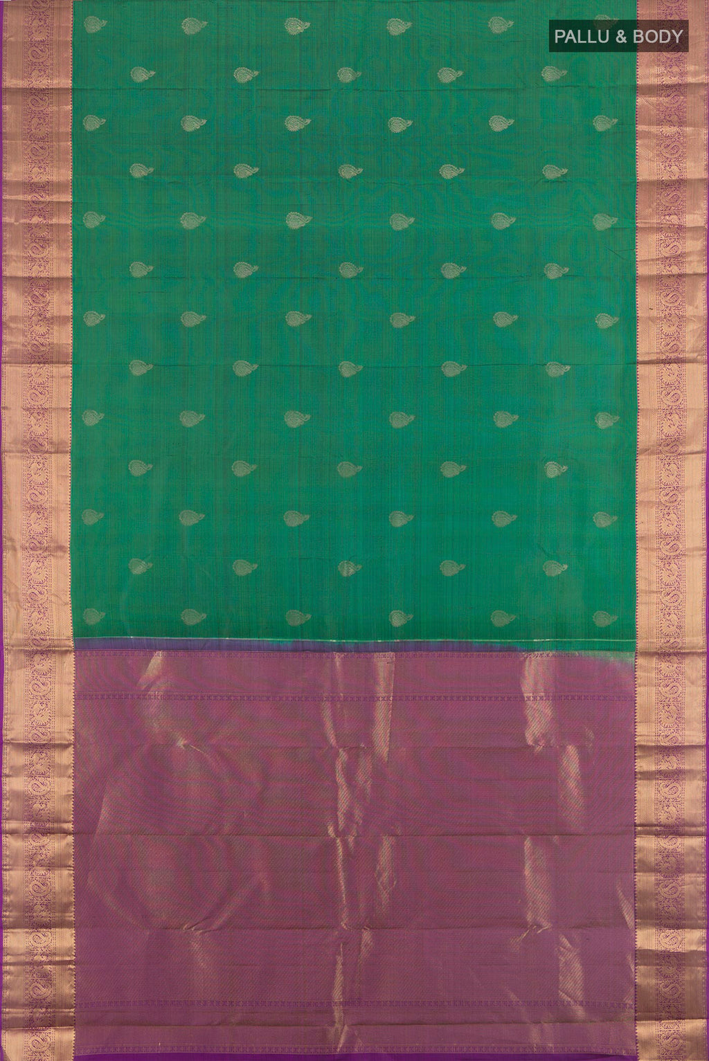 Flat view of Green Kanchipuram Silk Saree with Zari Butta on the body and Zari Border. 