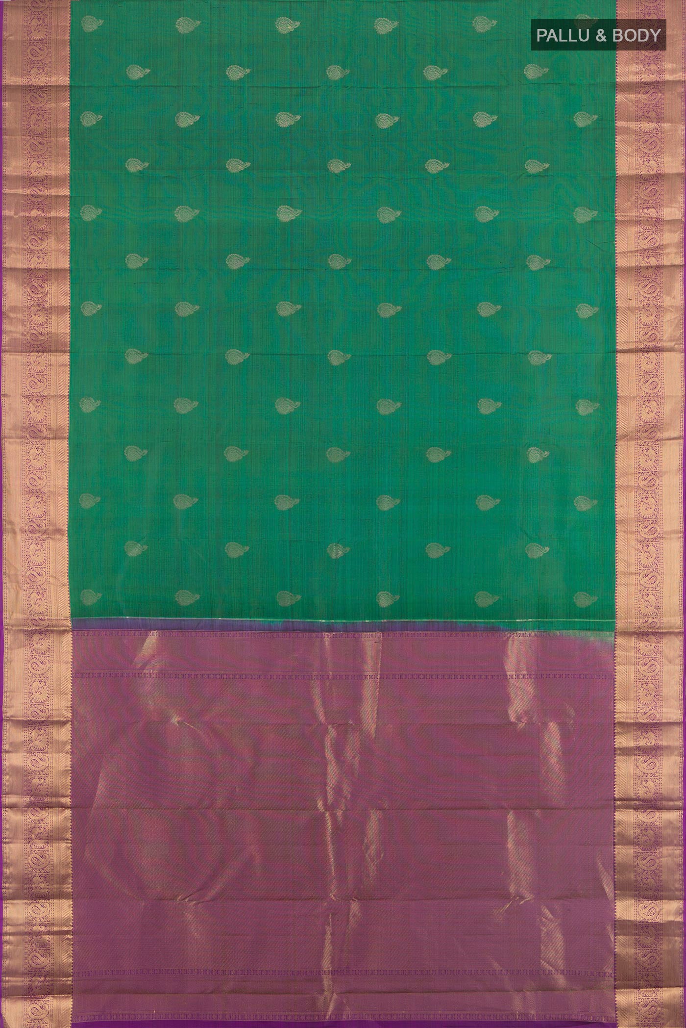 Flat view of Green Kanchipuram Silk Saree with Zari Butta on the body and Zari Border. 