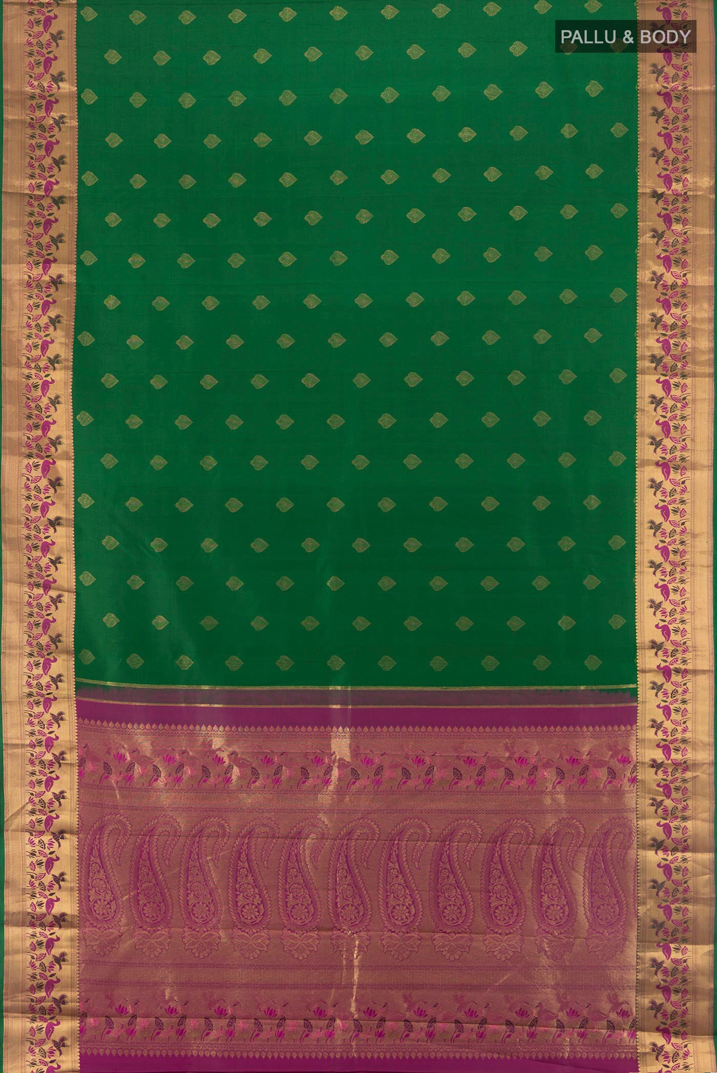 Flat view of Bottle Green Kanjivaram Silk Saree with Zari Butta on the body and Zari Border. 