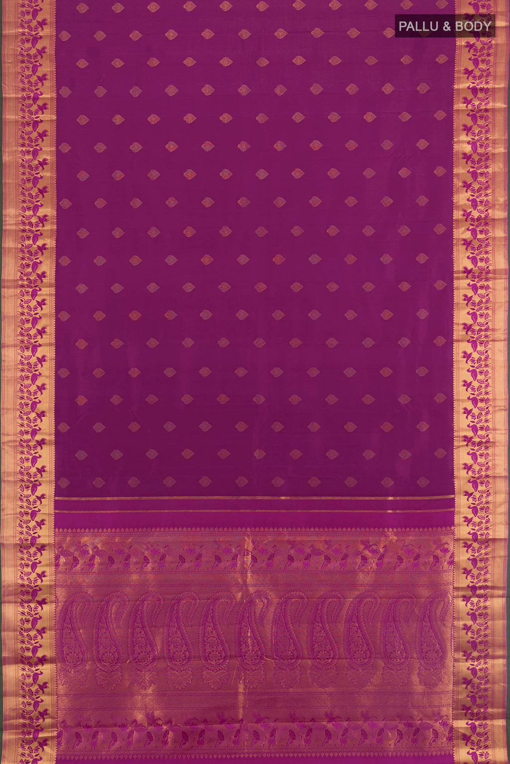 Flat view of Purple Kanjivaram Silk Saree with Zari Butta on the body and Zari Border. 