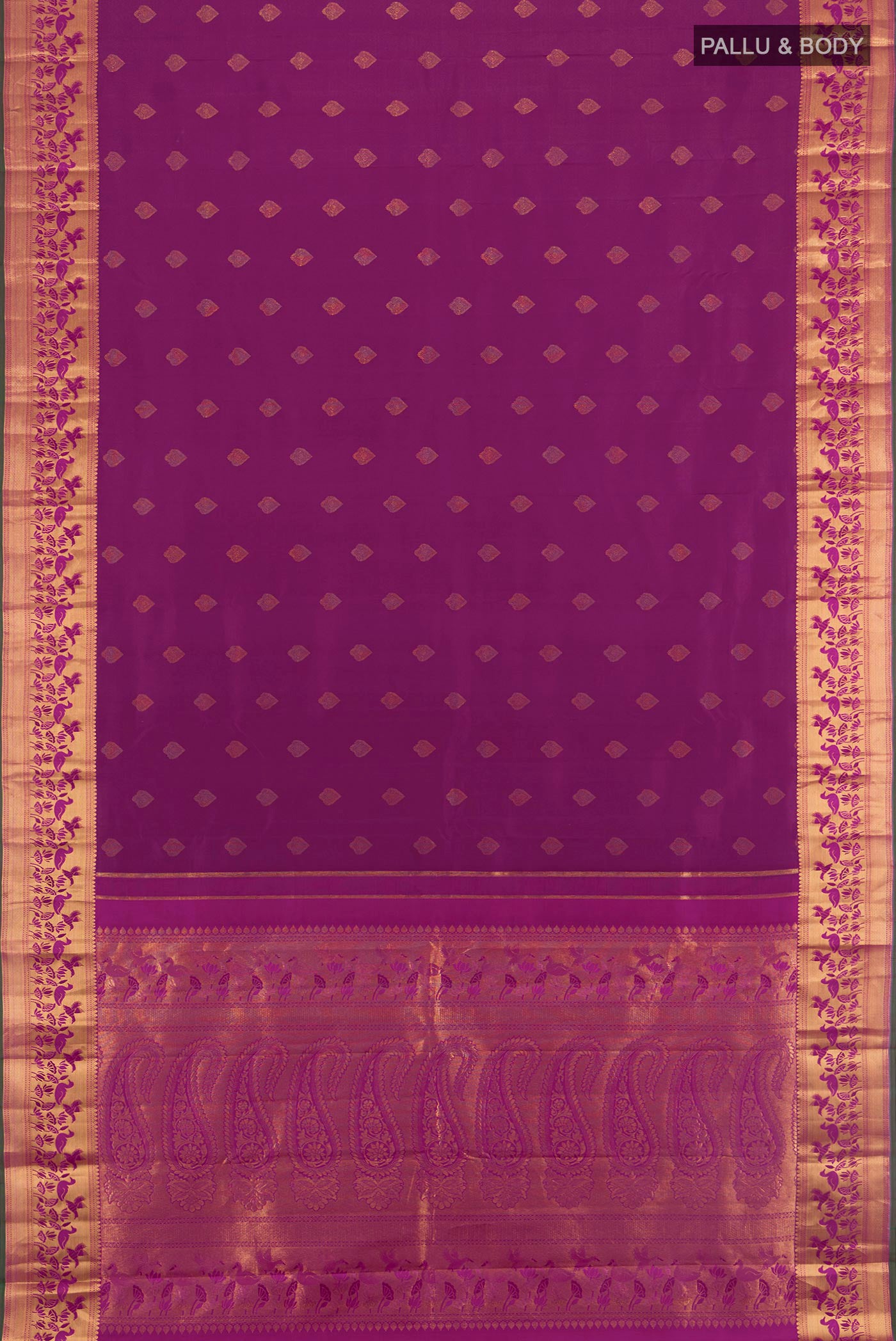 Flat view of Purple Kanjivaram Silk Saree with Zari Butta on the body and Zari Border. 