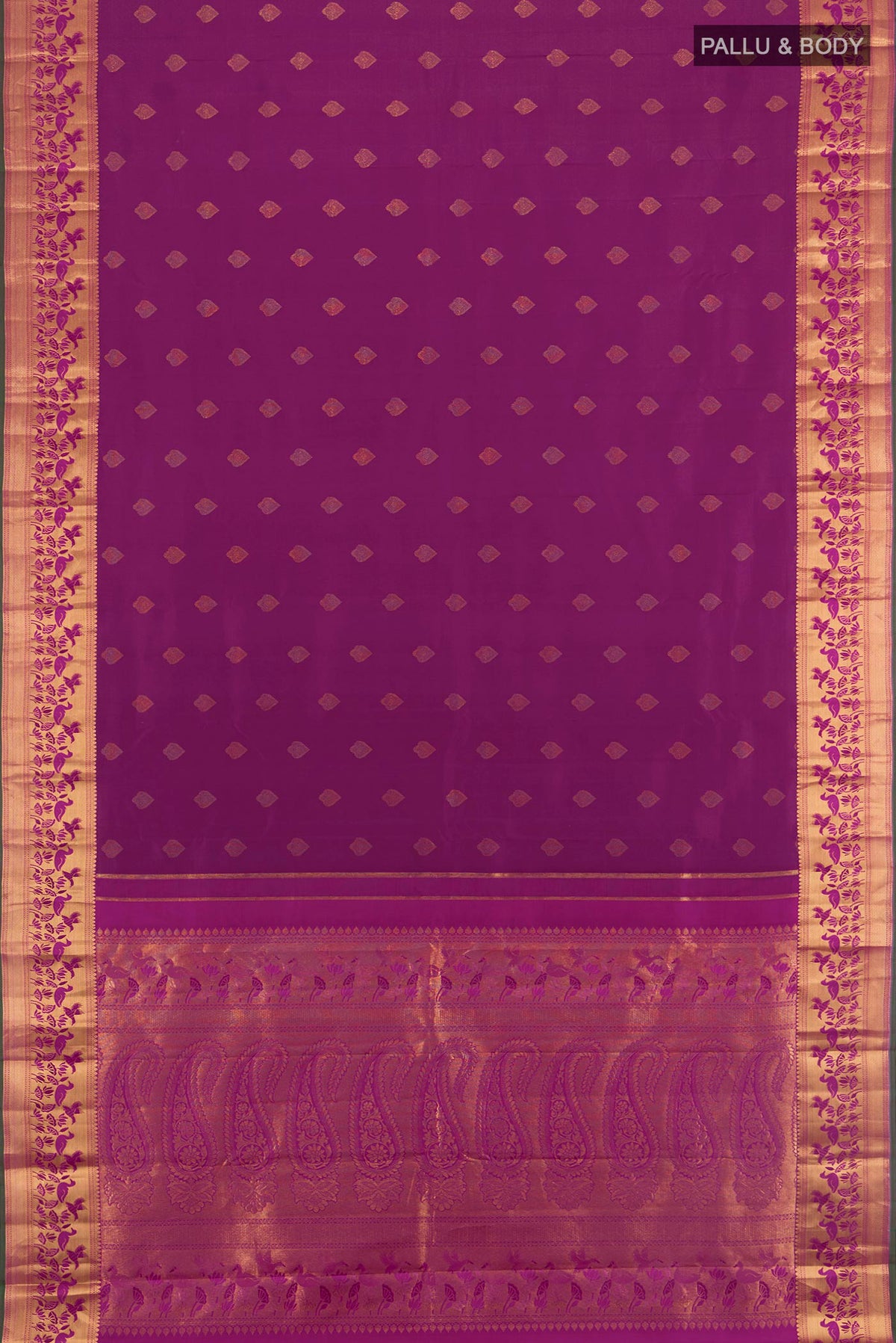 Flat view of Purple Kanjivaram Silk Saree with Zari Butta on the body and Zari Border. 
