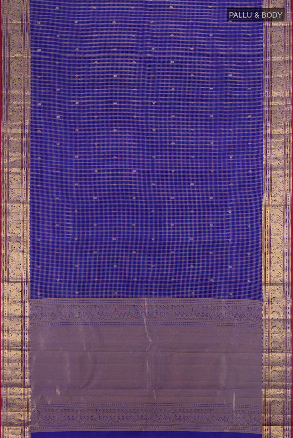 Flat view of Royal Blue Kanchipuram Silk Saree with Checked design on the body and Zari Border. 