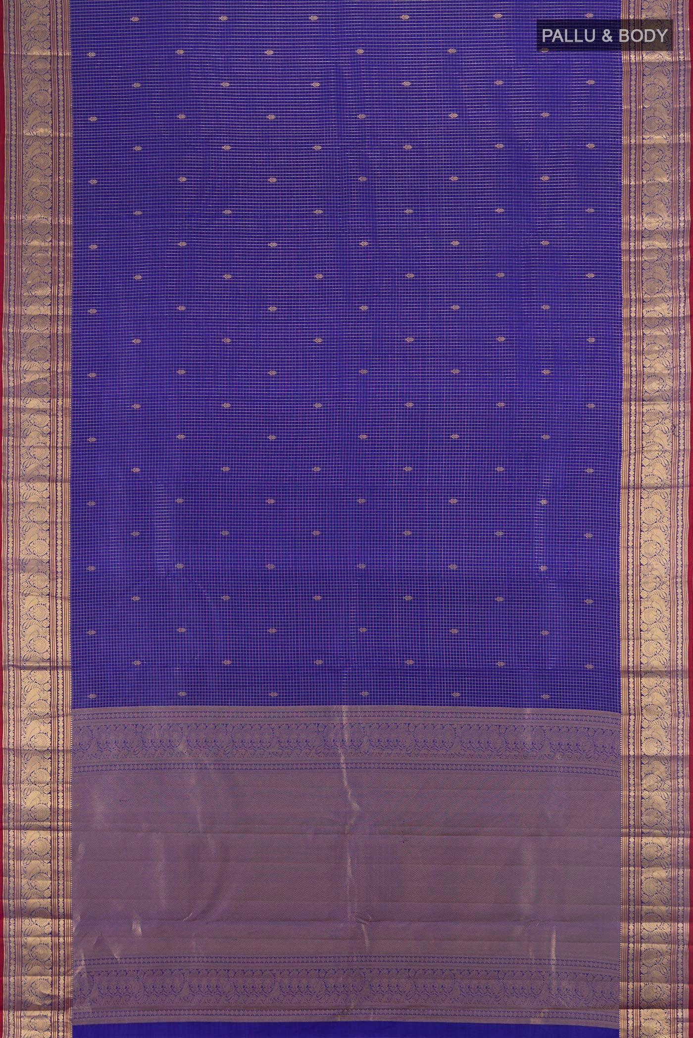 Flat view of Royal Blue Kanchipuram Silk Saree with Checked design on the body and Zari Border. 