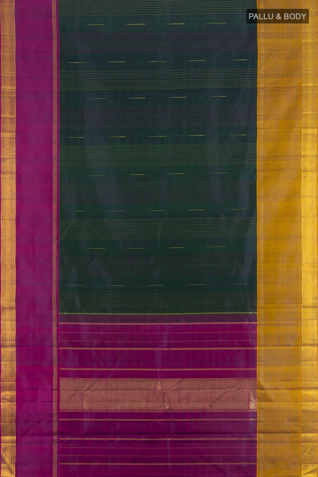 Flat view of Bottle Green Kanjivaram Silk Saree with Plain Body and Plain Border. 