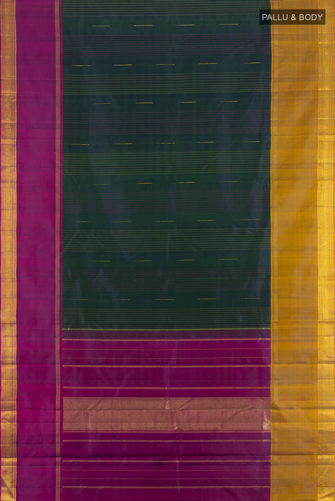Flat view of Bottle Green Kanjivaram Silk Saree with Plain Body and Plain Border. 