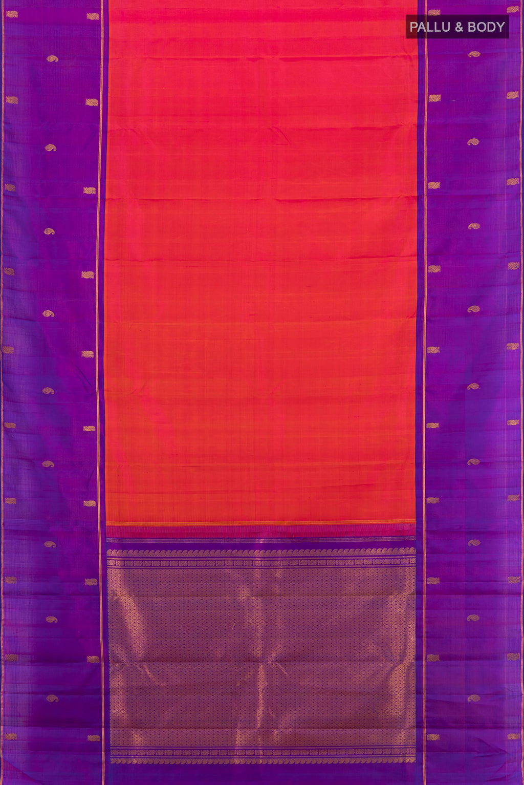 Flat view of Pure Silk Brick Orange Kanjivaram Saree with Plain Body and Zari Border. 