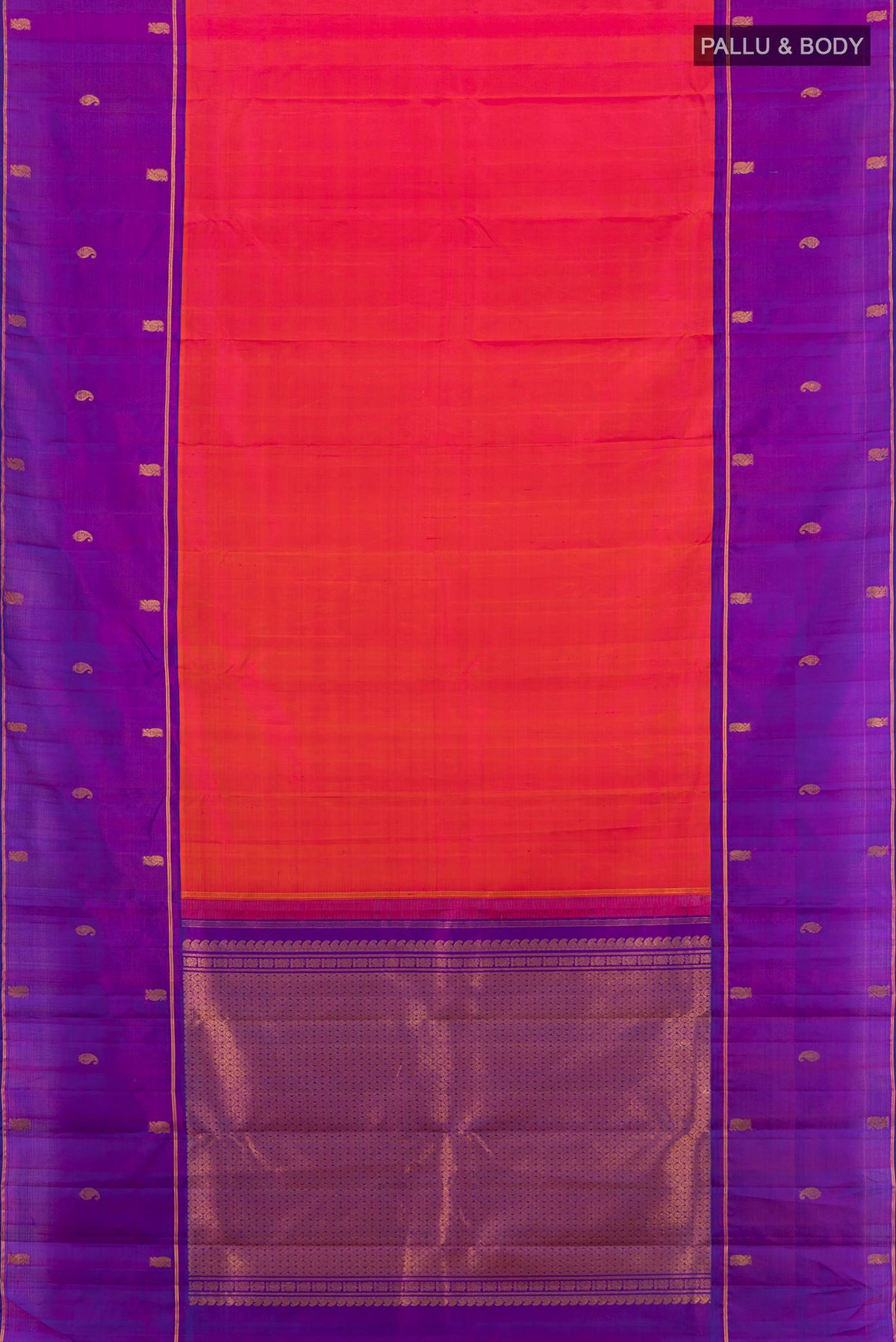 Flat view of Pure Silk Brick Orange Kanjivaram Saree with Plain Body and Zari Border. 