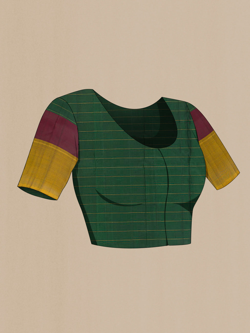 Close up image of the blouse of Pure Silk Bottle Green Kanchipuram Saree with Checked design on the body and Plain Border. 
