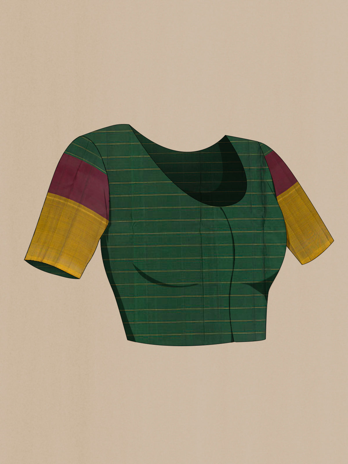 Close up image of the blouse of Pure Silk Bottle Green Kanchipuram Saree with Checked design on the body and Plain Border. 