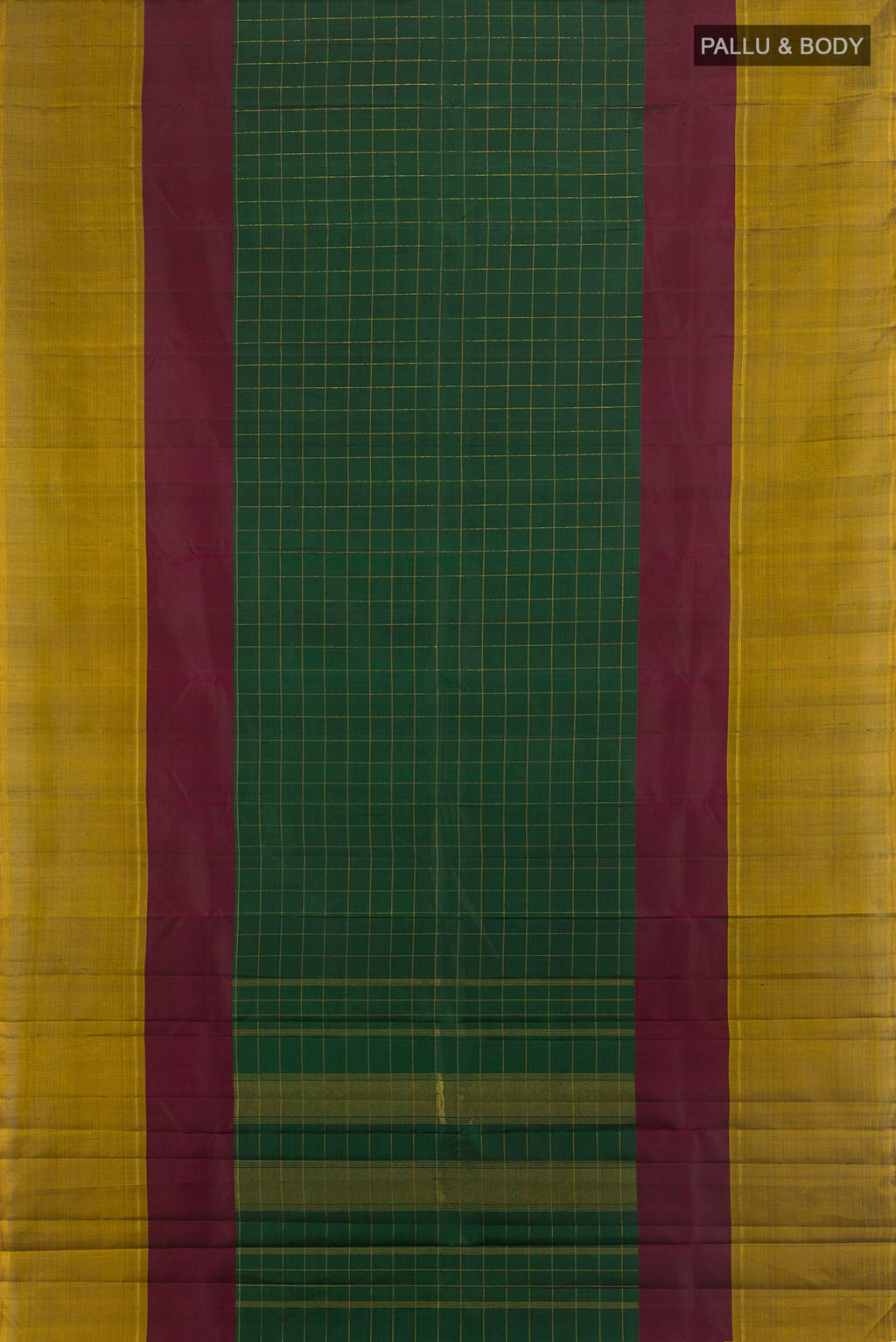 Flat view of Pure Silk Bottle Green Kanchipuram Saree with Checked design on the body and Plain Border. 