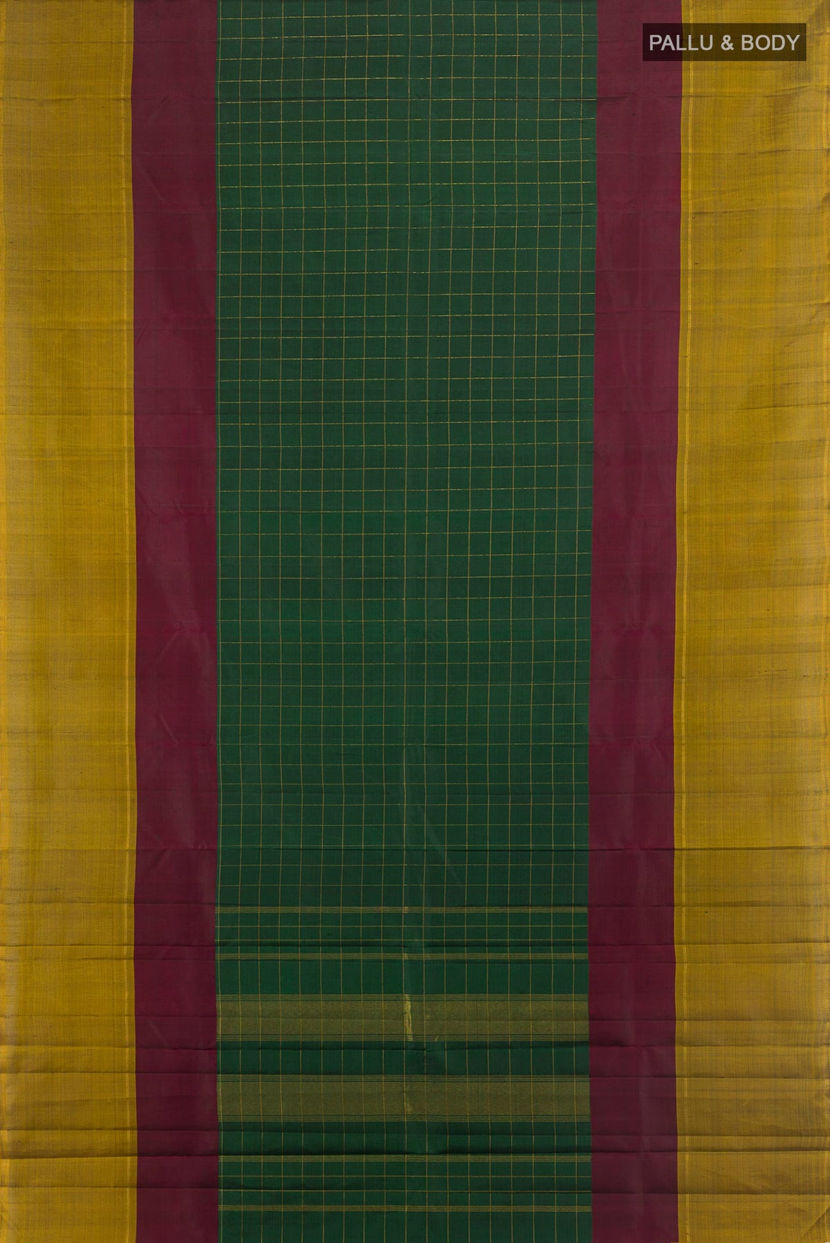 Flat view of Pure Silk Bottle Green Kanchipuram Saree with Checked design on the body and Plain Border. 