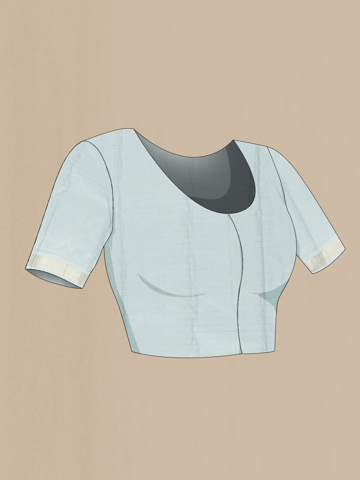 Close up image of the blouse of Pure Silk Light Blue Kanjivaram Saree with Stripes on the body and Zari Border. 