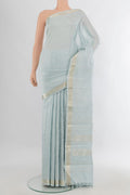 Pure Silk Light Blue Kanjivaram Saree with Stripes on the body and Zari Border.  displayed on a mannequin