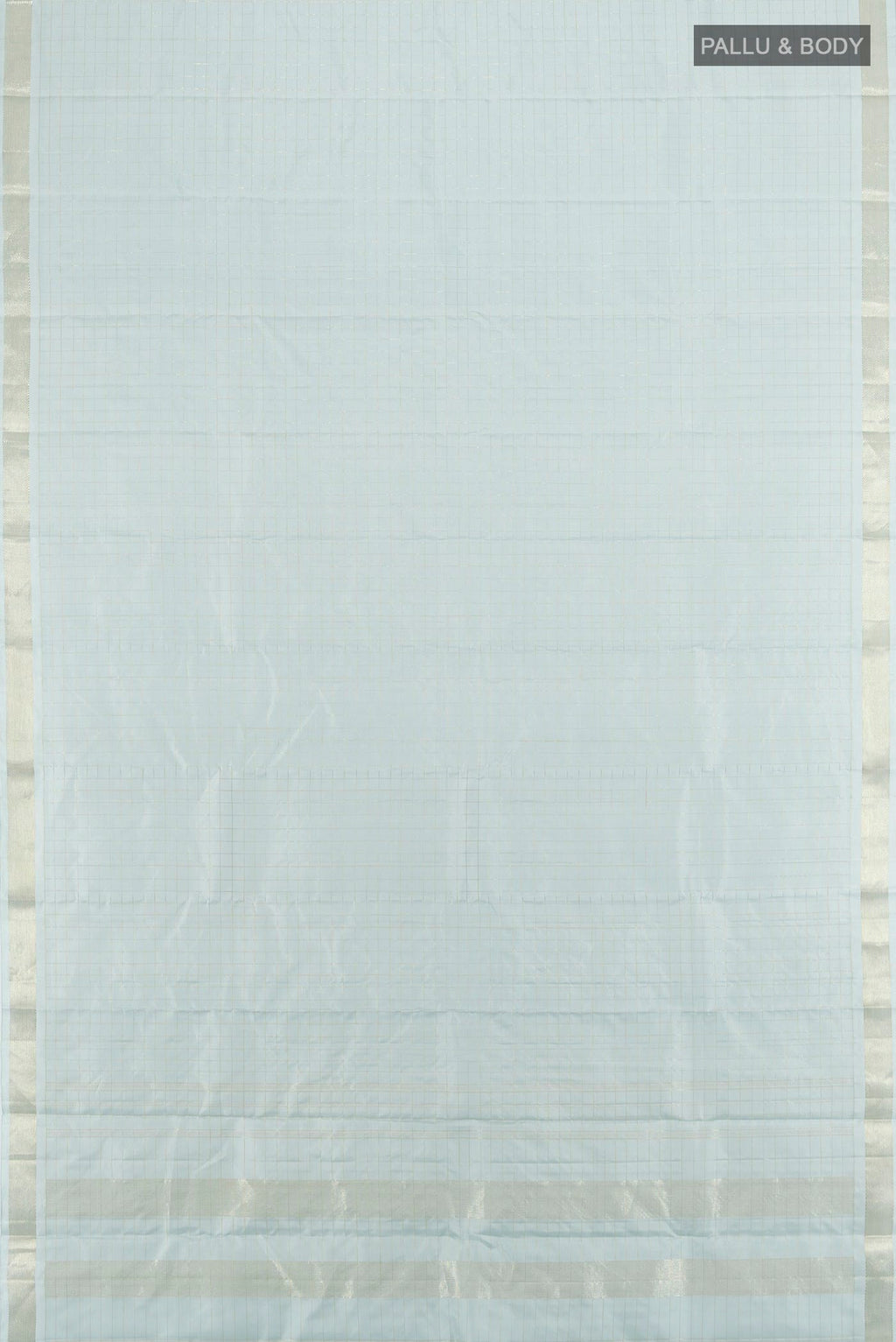 Flat view of Pure Silk Light Blue Kanjivaram Saree with Stripes on the body and Zari Border. 