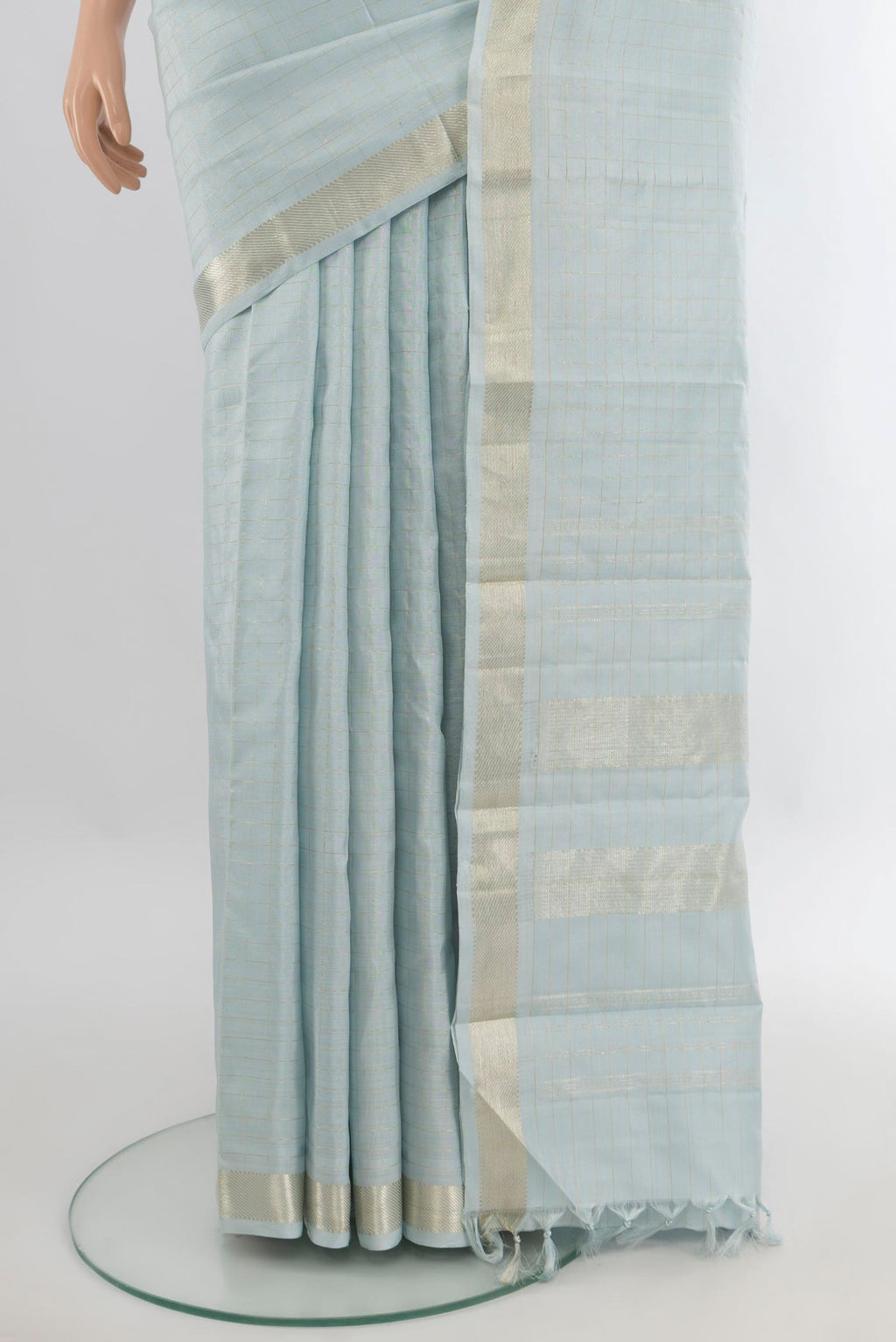 Pleats and pallu of Pure Silk Light Blue Kanjivaram Saree with Stripes on the body and Zari Border. 