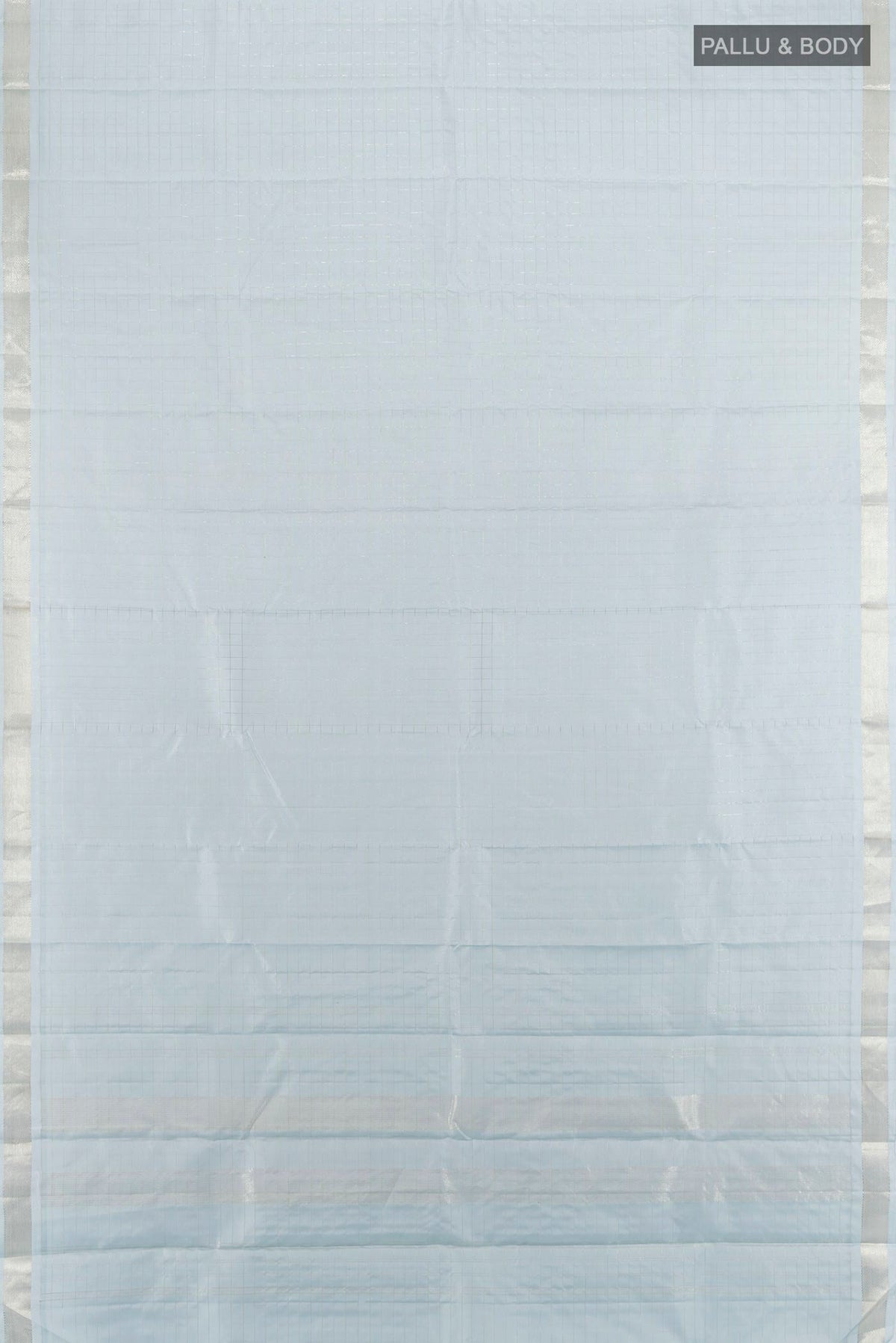 Flat view of Pure Silk Light Blue Kanjivaram Saree with Checked design on the body and Zari Border. 