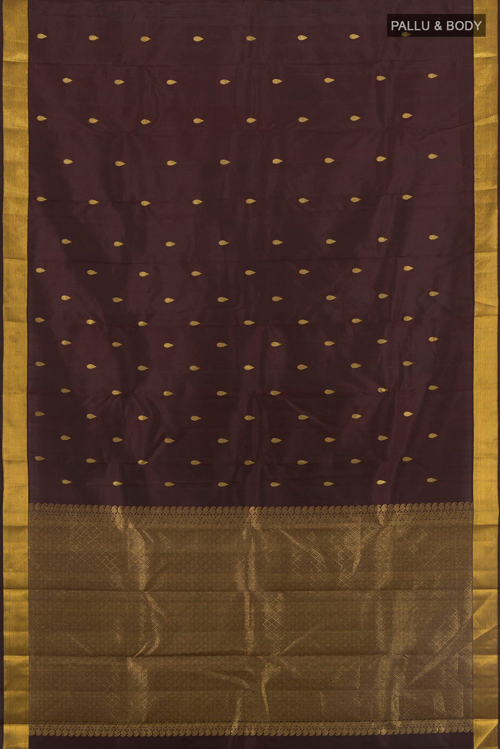 Flat view of Coffee Brown Kanchipuram Silk Saree with Zari Butta on the body and Zari Border. 
