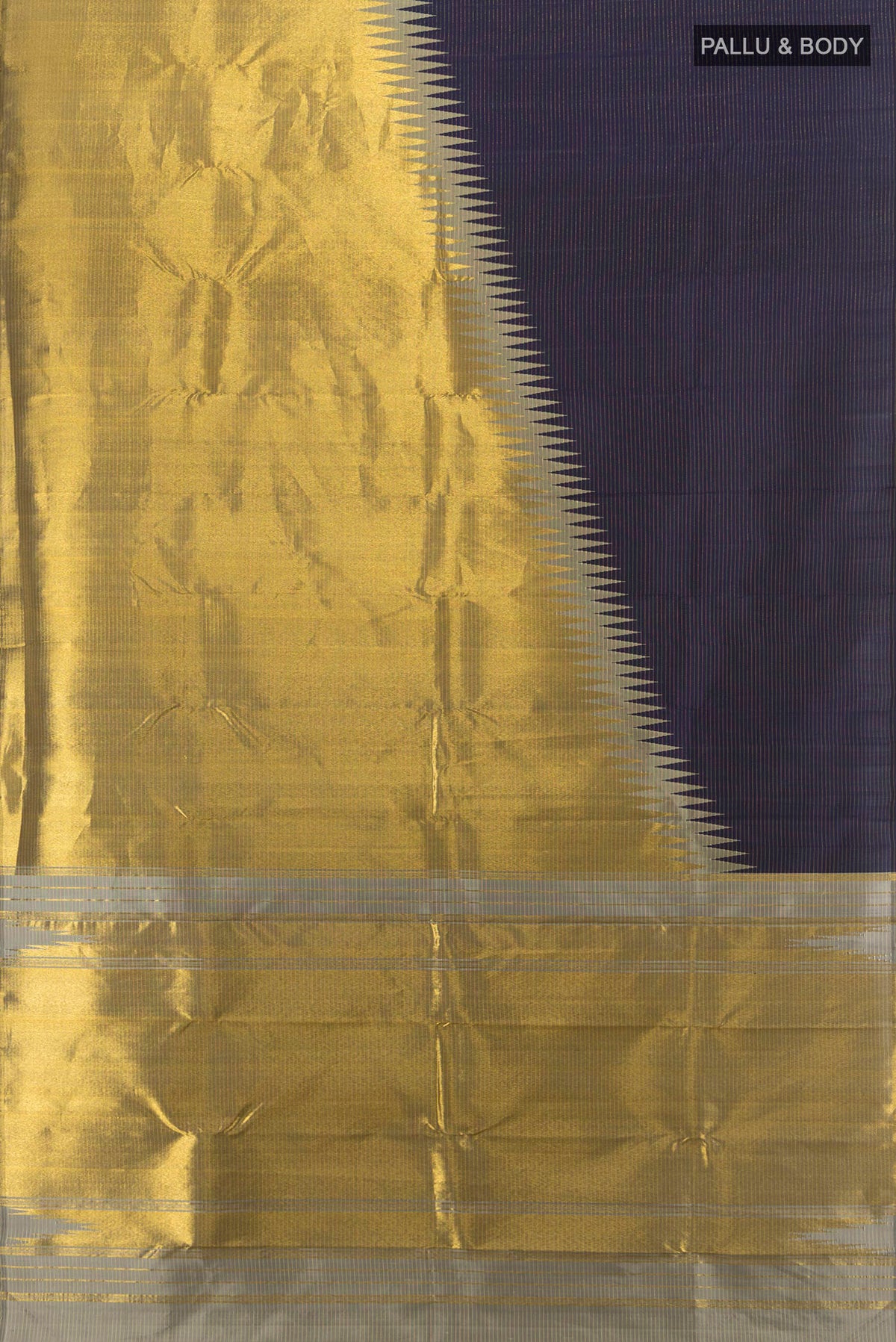 Flat view of Pure Silk Navy Blue Kanchipuram Saree with Stripes on the body and Rising Temple Border. 