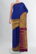 Royal Blue Kanjivaram Silk Saree with Plain Body and Rising Temple Border.  displayed on a mannequin