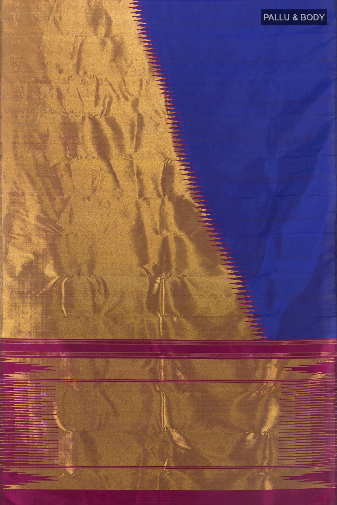 Flat view of Royal Blue Kanjivaram Silk Saree with Plain Body and Rising Temple Border. 