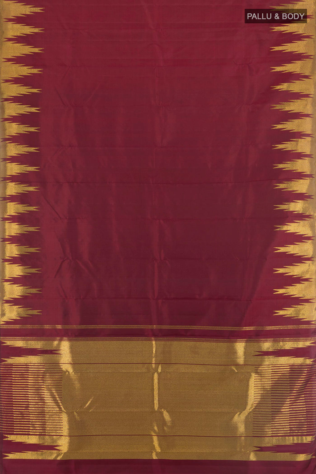 Flat view of Pure Silk Maroon Kanjivaram Saree with Plain Body and Temple Border. 