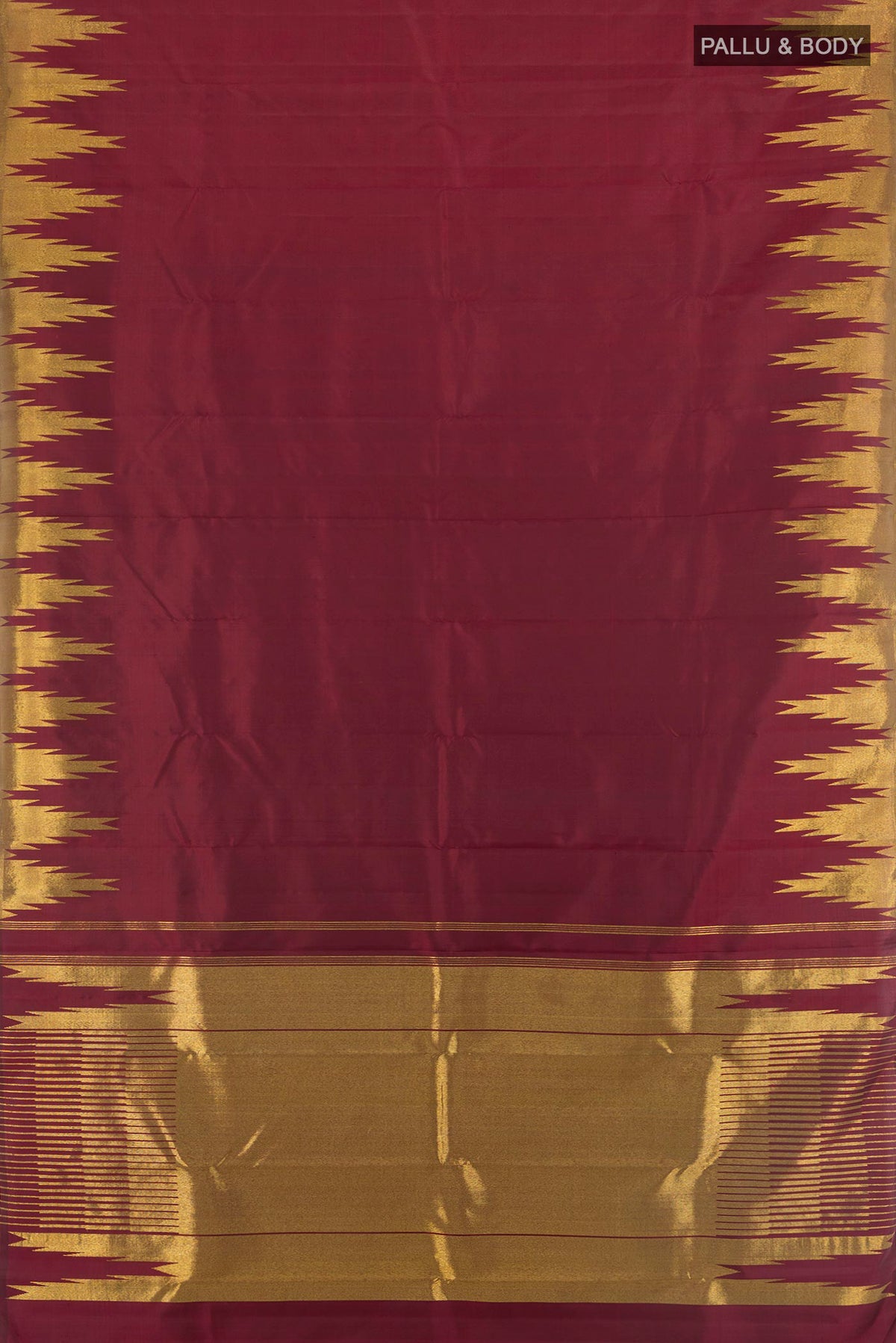 Flat view of Pure Silk Maroon Kanjivaram Saree with Plain Body and Temple Border. 