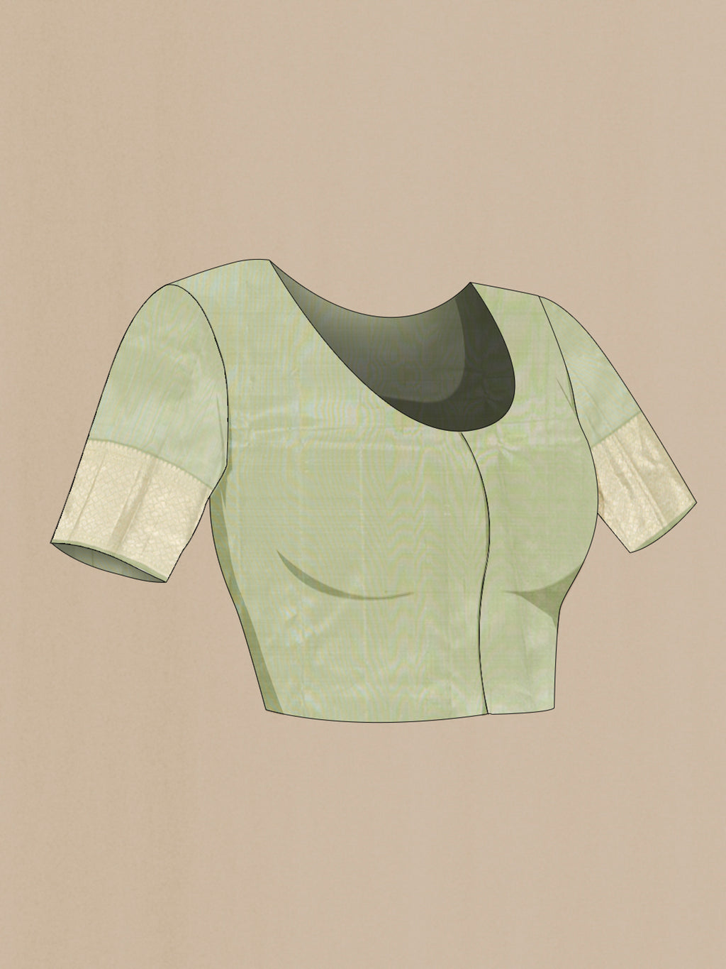 Close up image of the blouse of Sage Green Kanjivaram Silk Saree with Zari Brocade on the body and Zari Border. 