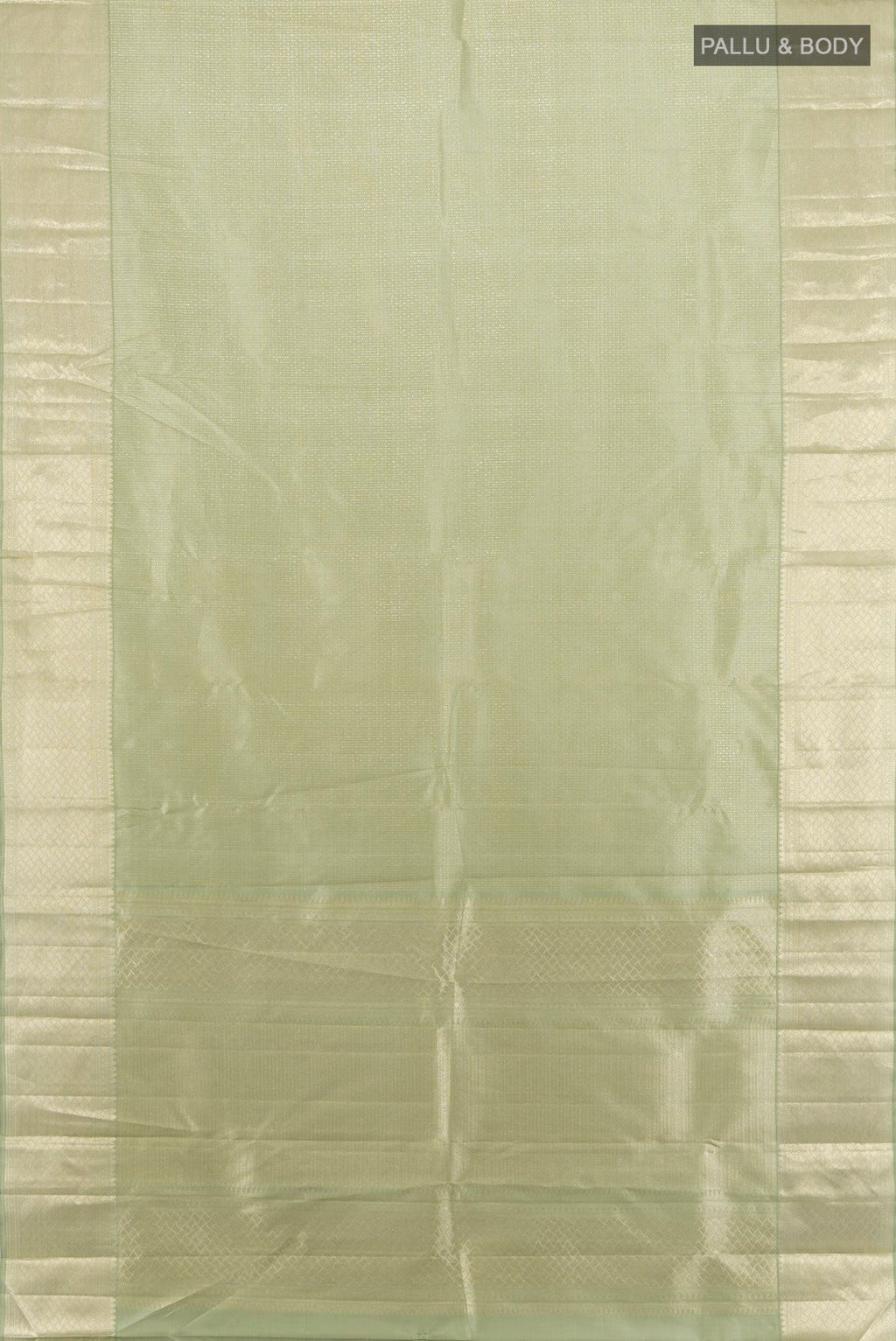 Flat view of Sage Green Kanjivaram Silk Saree with Zari Brocade on the body and Zari Border. 