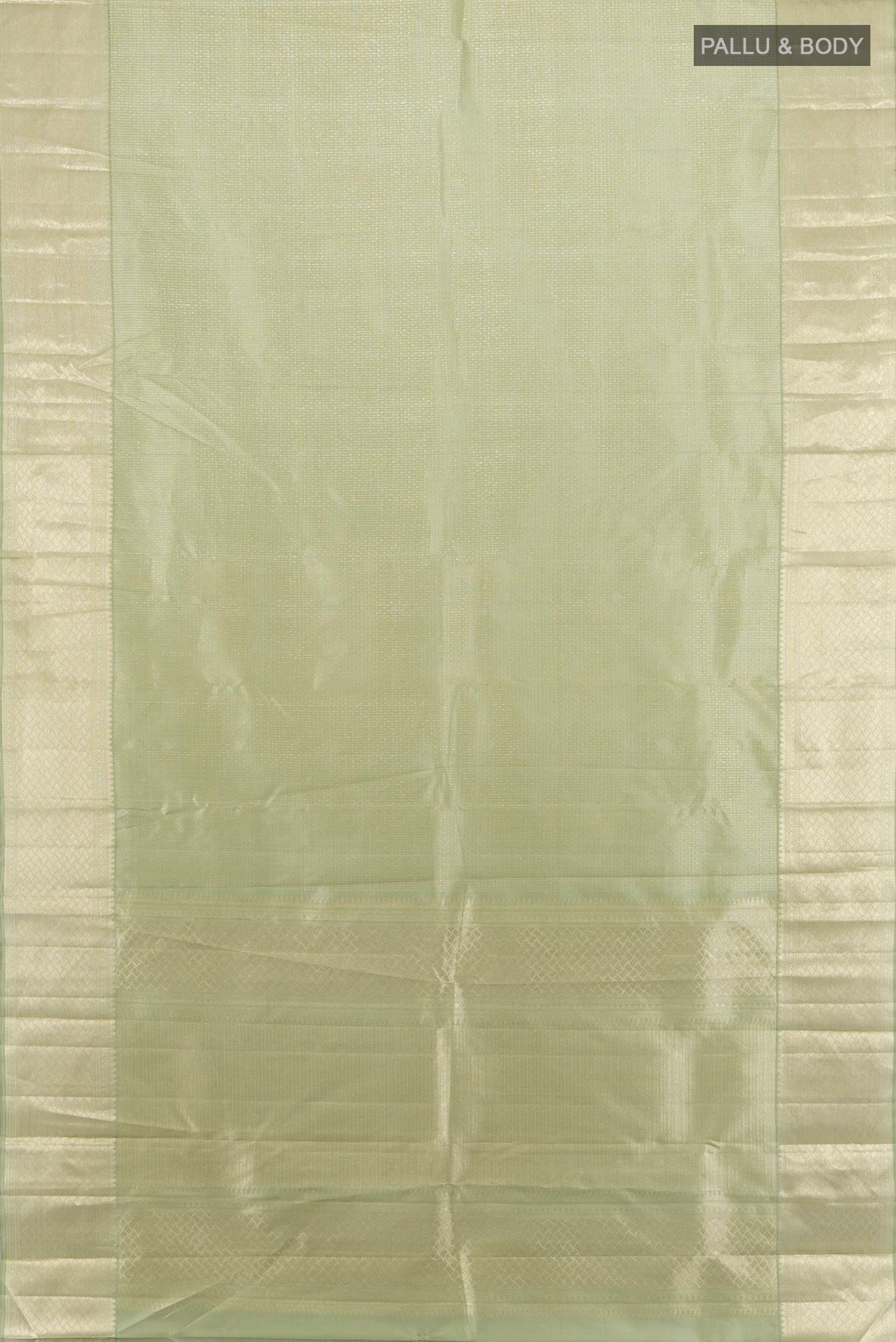 Flat view of Sage Green Kanjivaram Silk Saree with Zari Brocade on the body and Zari Border. 