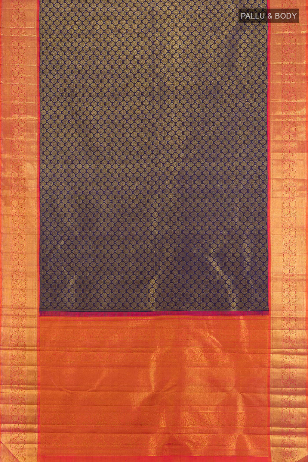 Flat view of Navy Blue Kanjivaram Silk Saree with Zari Brocade on the body and Zari Border. 