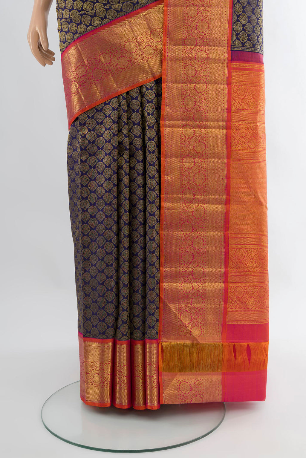 Pleats and pallu of Navy Blue Kanjivaram Silk Saree with Zari Brocade on the body and Zari Border. 