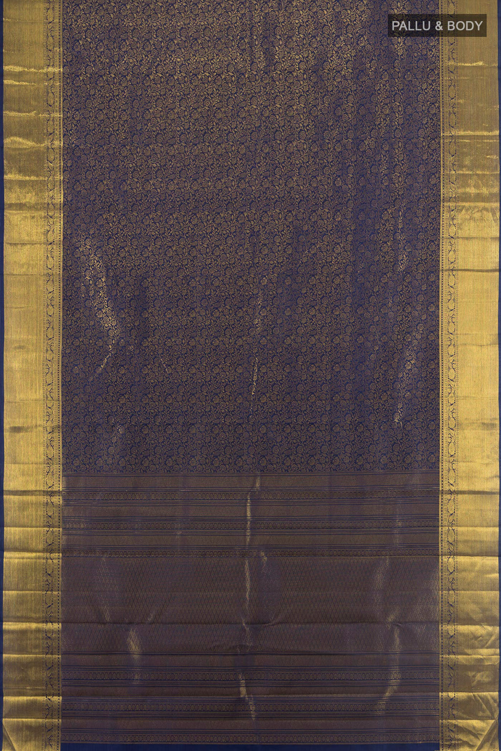 Flat view of Pure Silk Pure Zari Navy Blue Kanjivaram Saree with Zari Butta on the body and Silk Border. 