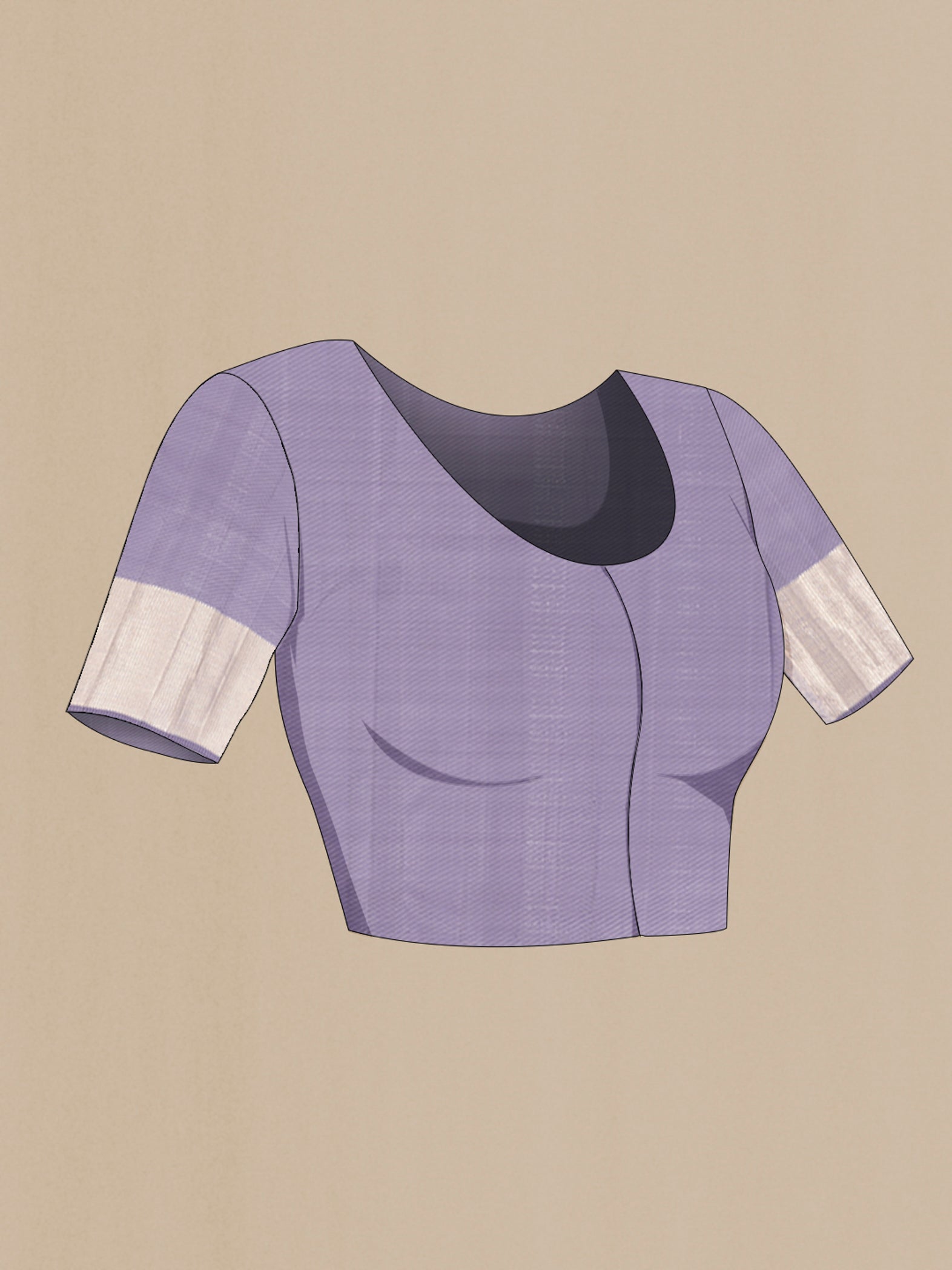 Close up image of the blouse of Lilac Kanjivaram Silk Saree with Zari Brocade on the body and Zari Border. 