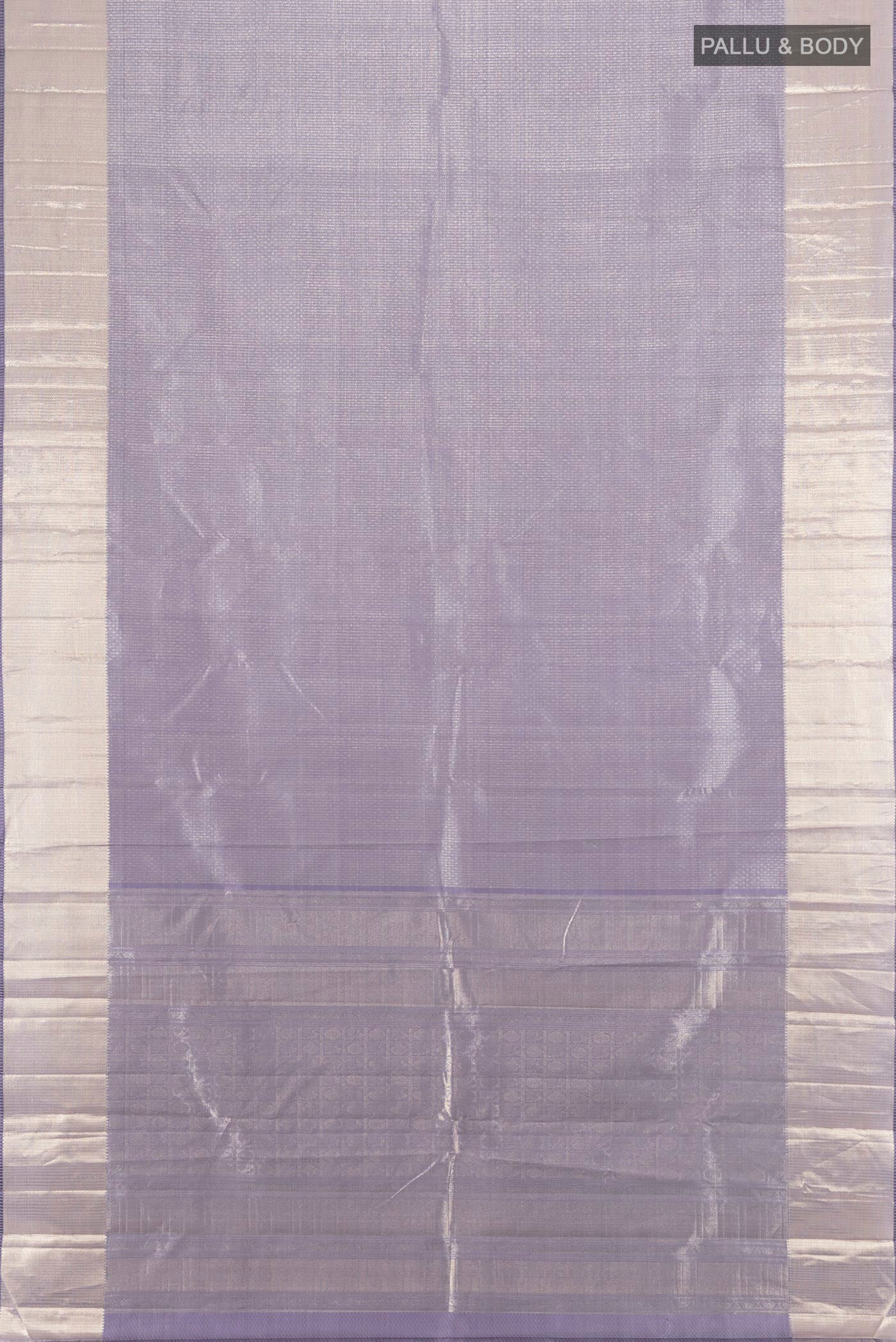 Flat view of Lilac Kanjivaram Silk Saree with Zari Brocade on the body and Zari Border. 
