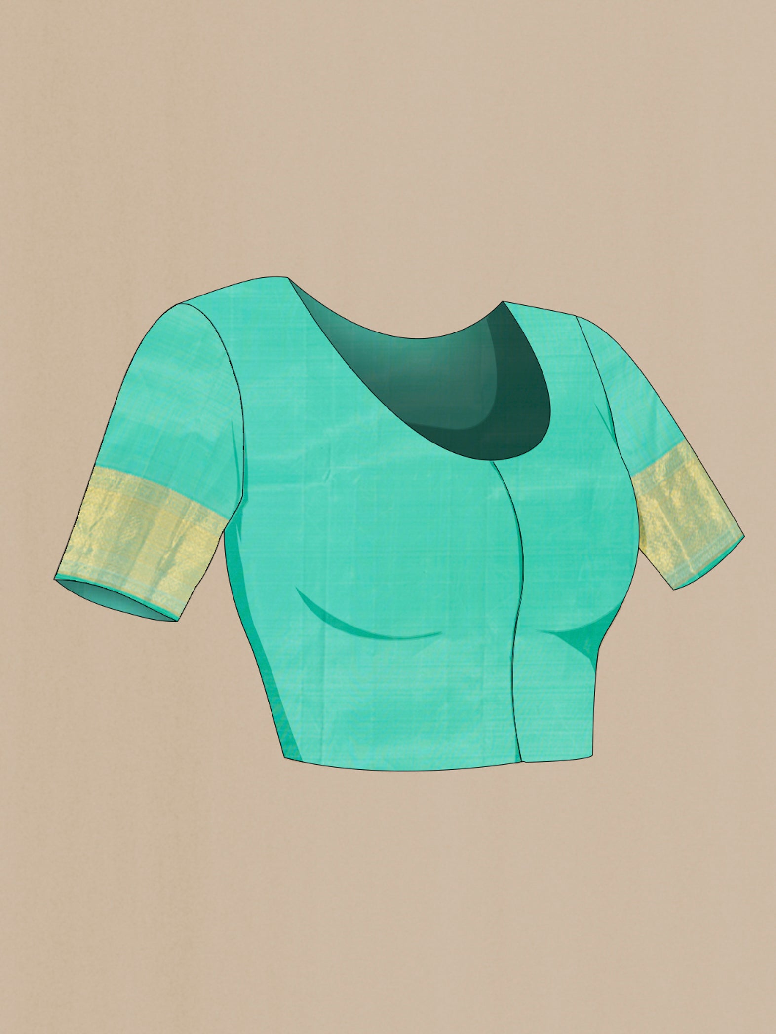 Close up image of the blouse of Turquoise Kanjivaram Silk Saree with Zari Brocade on the body and Zari Border. 