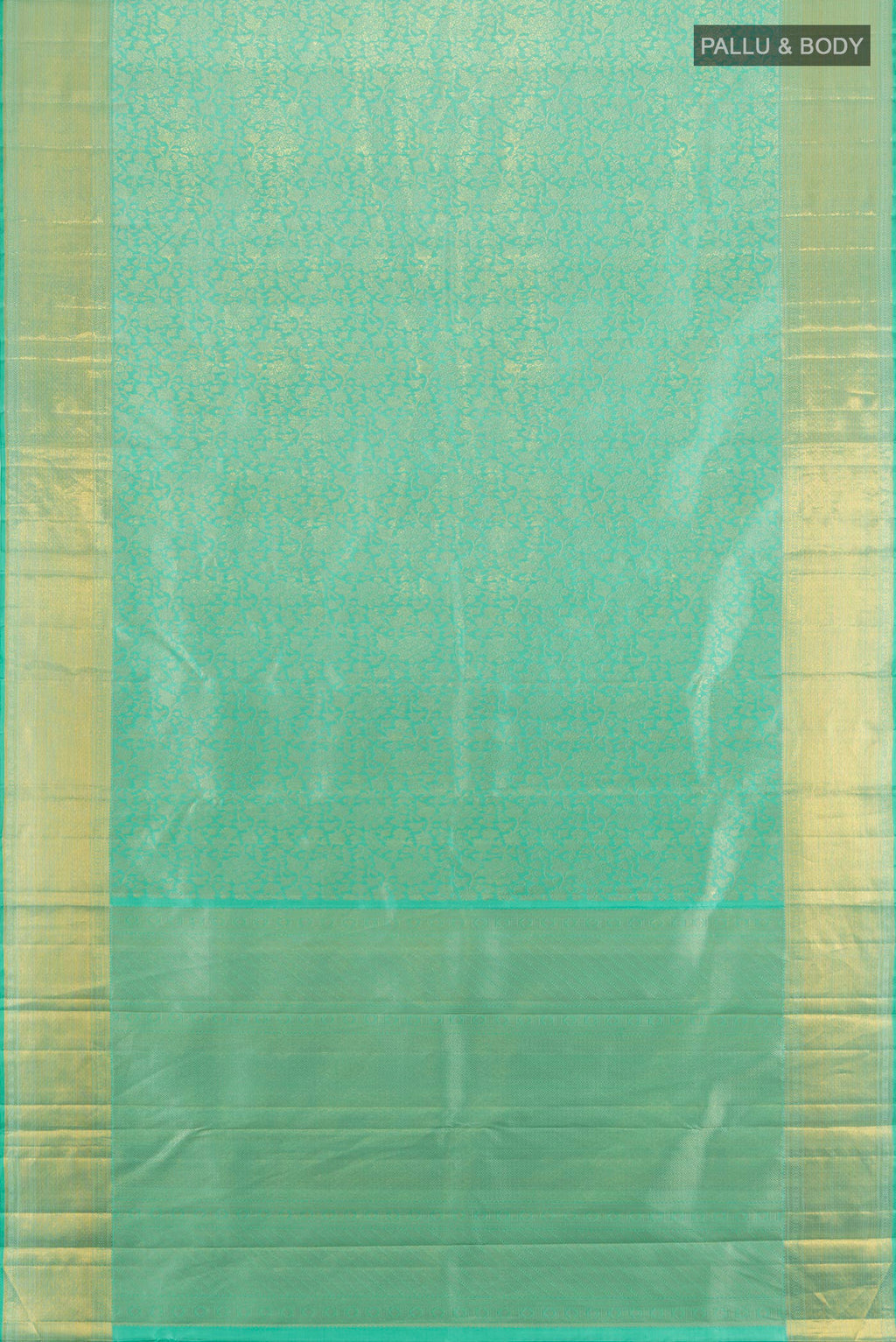 Flat view of Turquoise Kanjivaram Silk Saree with Zari Brocade on the body and Zari Border. 