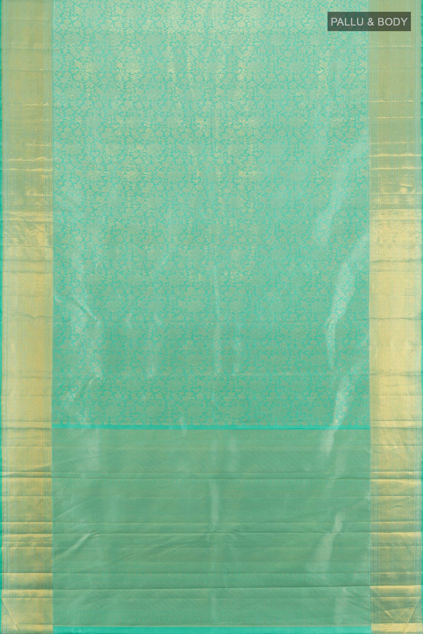 Flat view of Turquoise Kanjivaram Silk Saree with Zari Brocade on the body and Zari Border. 