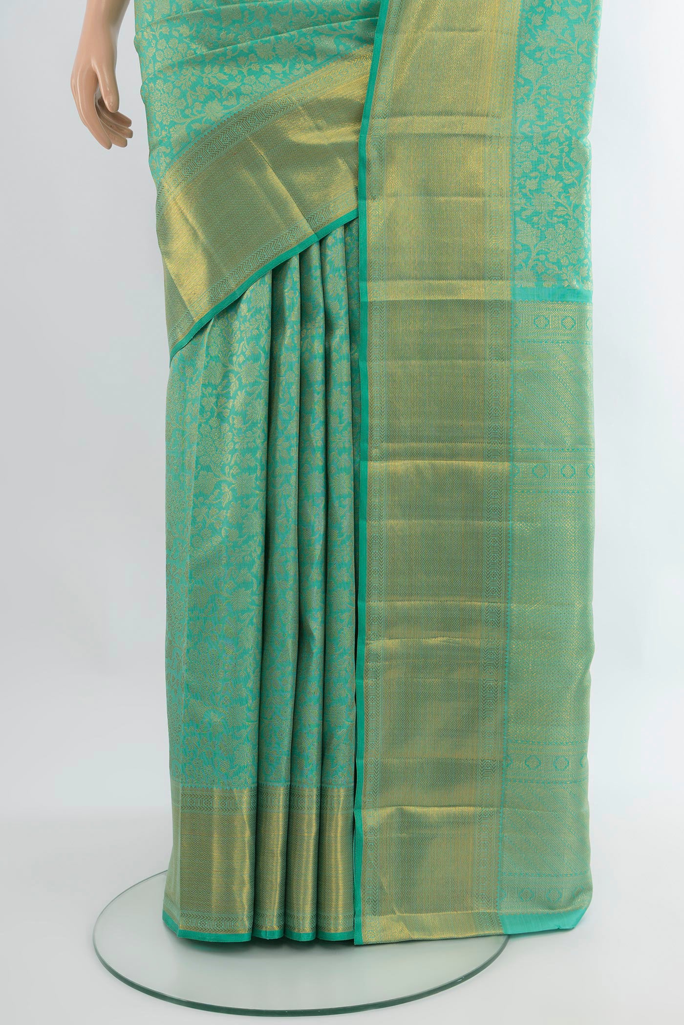 Pleats and pallu of Turquoise Kanjivaram Silk Saree with Zari Brocade on the body and Zari Border. 
