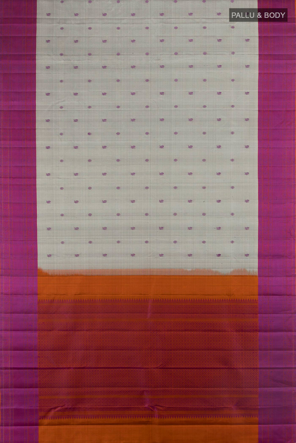 Flat view of Pure Silk Davys Grey Kanchipuram Saree with Thread Butta on the body and Thread Border. 